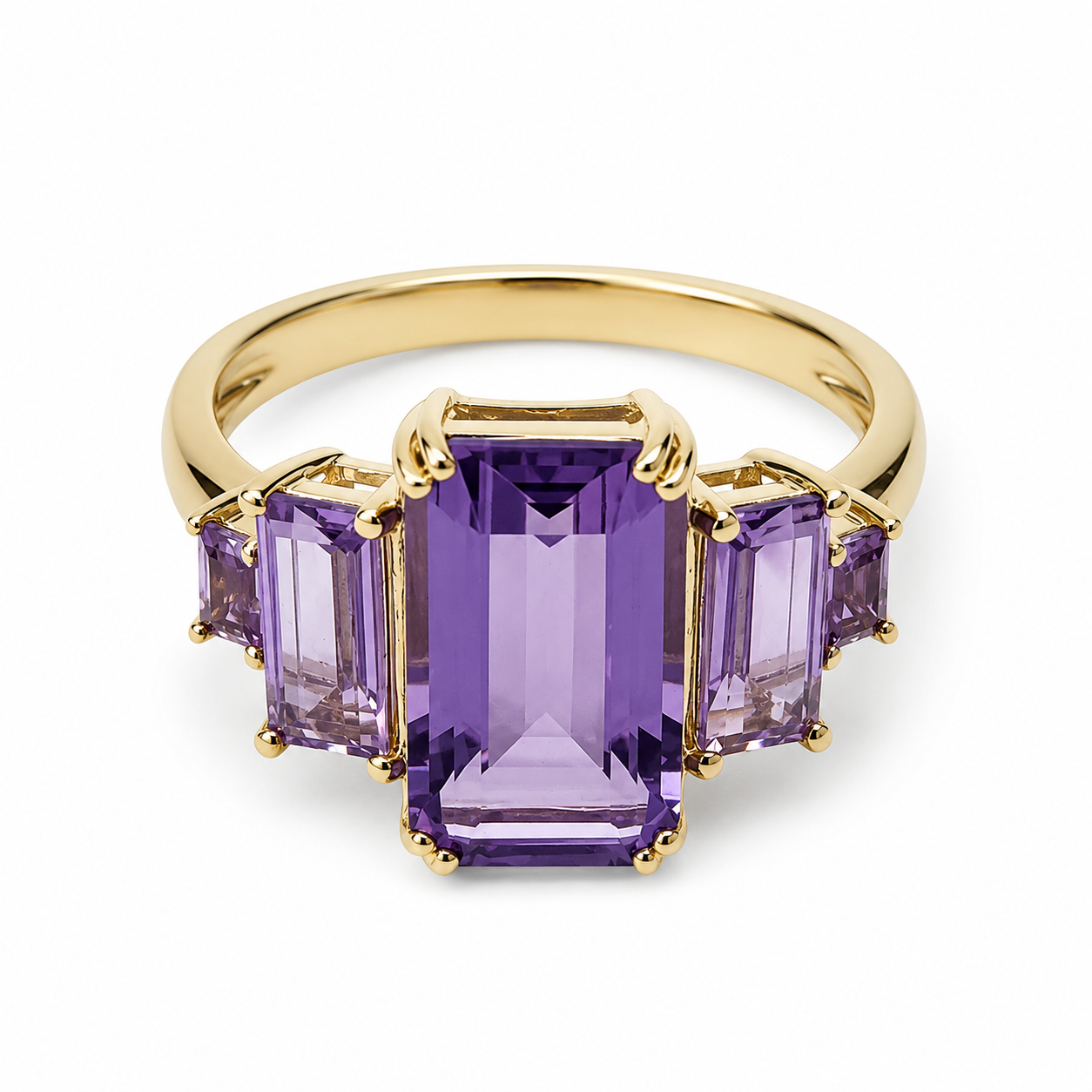9ct Yellow Gold Natural Amethyst Five Stone Emerald & Baguette Cut Ring - 9CTCYR7905-AM Seiko 9ct Yellow Gold Natural Amethyst Five Stone Emerald & Baguette Cut Ring - 9CTCYR7905-AM Seiko