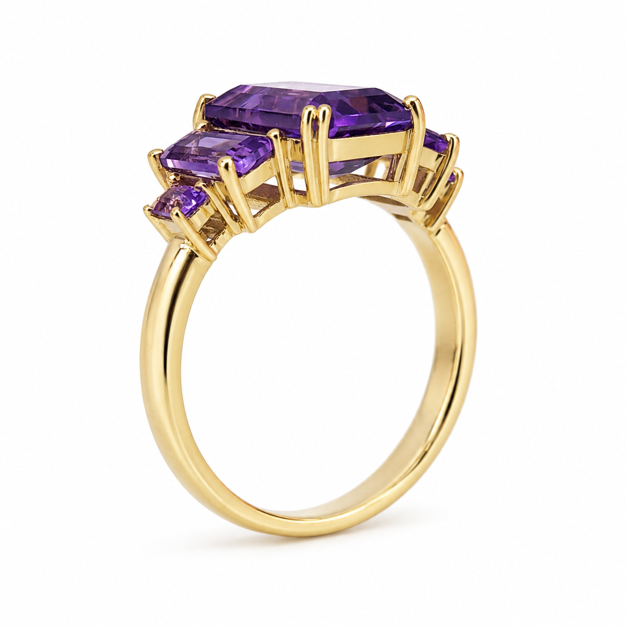 9ct Yellow Gold Natural Amethyst Five Stone Emerald & Baguette Cut Ring - 9CTCYR7905-AM Seiko 9ct Yellow Gold Natural Amethyst Five Stone Emerald & Baguette Cut Ring - 9CTCYR7905-AM Seiko