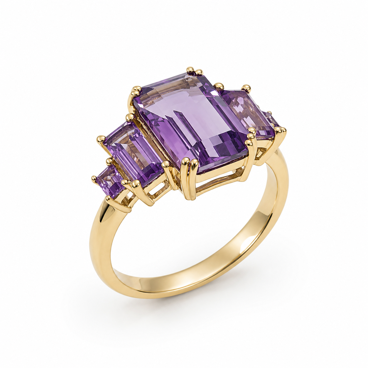 9ct Yellow Gold Natural Amethyst Five Stone Emerald & Baguette Cut Ring - 9CTCYR7905-AM Seiko 9ct Yellow Gold Natural Amethyst Five Stone Emerald & Baguette Cut Ring - 9CTCYR7905-AM Seiko