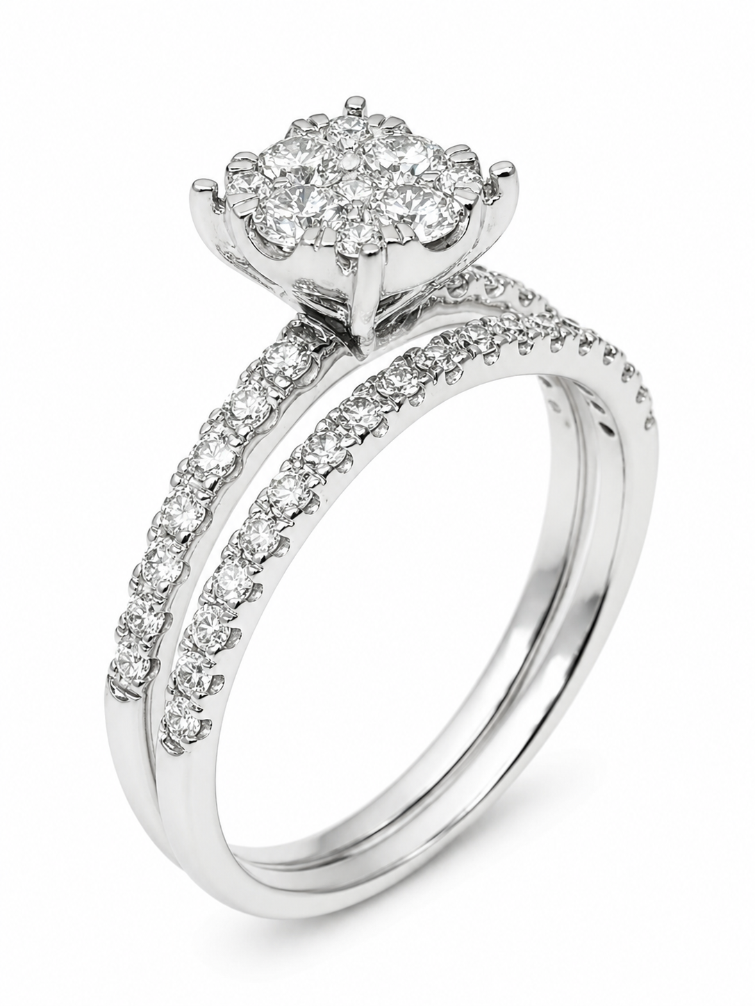 9ct White Gold 0.75ct Natural Diamond 2 Piece Bridal Ring Set – Cluster Engagement Ring & Matching Diamond Wedding Band - R37167075 Seiko 9ct White Gold 0.75ct Natural Diamond 2 Piece Bridal Ring Set – Cluster Engagement Ring & Matching Diamond Wedding Band - R37167075 Seiko