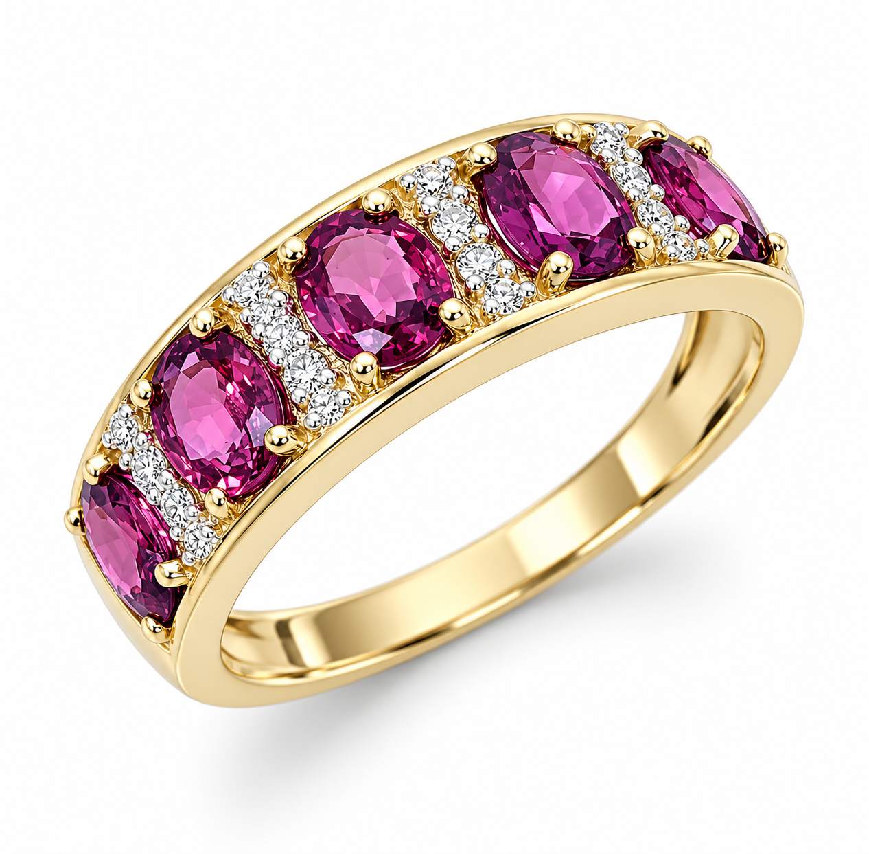 9ct Yellow Gold Natural Ruby & Diamond Ring, 5 Oval Cut Rubies with Diamond Accents - 9CTCYR8199RUBY Seiko 