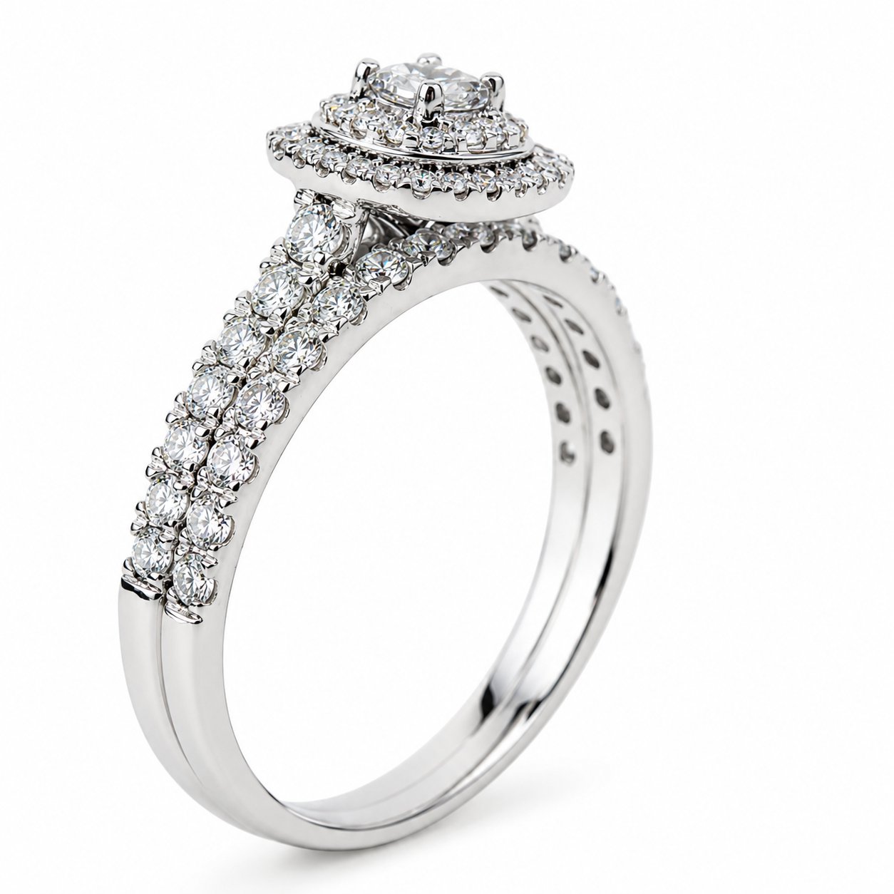 9ct White Gold 1.00ct TDW Diamond Double Halo Bridal Set – Princess Cut Engagement Ring & Matching Wedding Band - R42307100 Seiko 9ct White Gold 1.00ct TDW Diamond Double Halo Bridal Set – Princess Cut Engagement Ring & Matching Wedding Band - R42307100 Seiko
