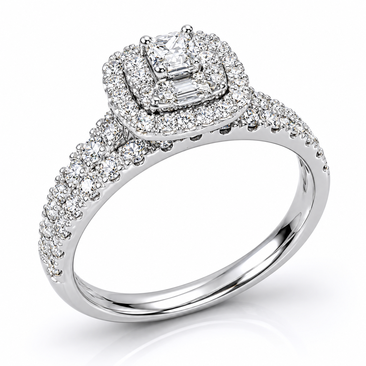 9ct White Gold 1.00ct TDW Diamond Double Halo Bridal Set – Princess Cut Engagement Ring & Matching Wedding Band - R42307100 Seiko 9ct White Gold 1.00ct TDW Diamond Double Halo Bridal Set – Princess Cut Engagement Ring & Matching Wedding Band - R42307100 Seiko