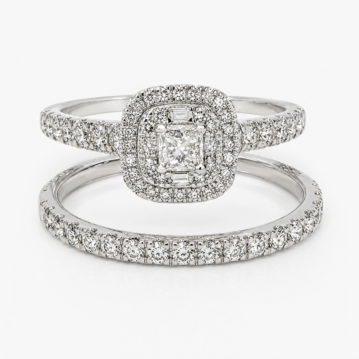 9ct White Gold 1.00ct TDW Diamond Double Halo Bridal Set – Princess Cut Engagement Ring & Matching Wedding Band - R42307100 Seiko 9ct White Gold 1.00ct TDW Diamond Double Halo Bridal Set – Princess Cut Engagement Ring & Matching Wedding Band - R42307100 Seiko