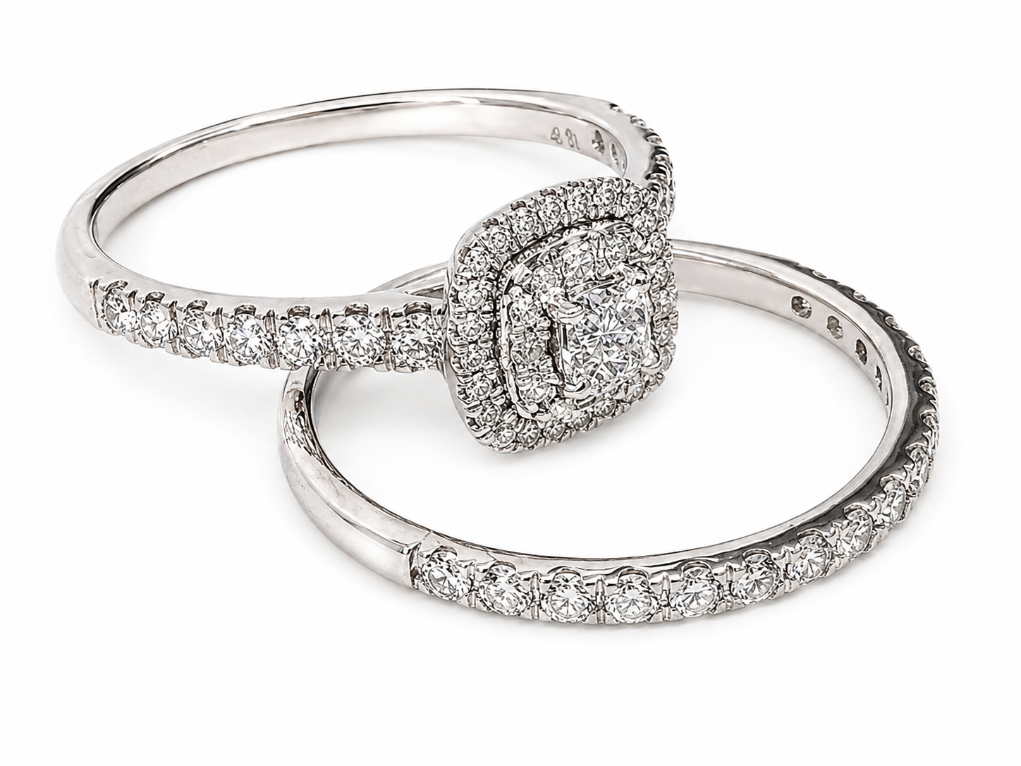 9ct White Gold 1.00ct TDW Diamond Double Halo Bridal Set – Princess Cut Engagement Ring & Matching Wedding Band - R42307100 Seiko 9ct White Gold 1.00ct TDW Diamond Double Halo Bridal Set – Princess Cut Engagement Ring & Matching Wedding Band - R42307100 Seiko