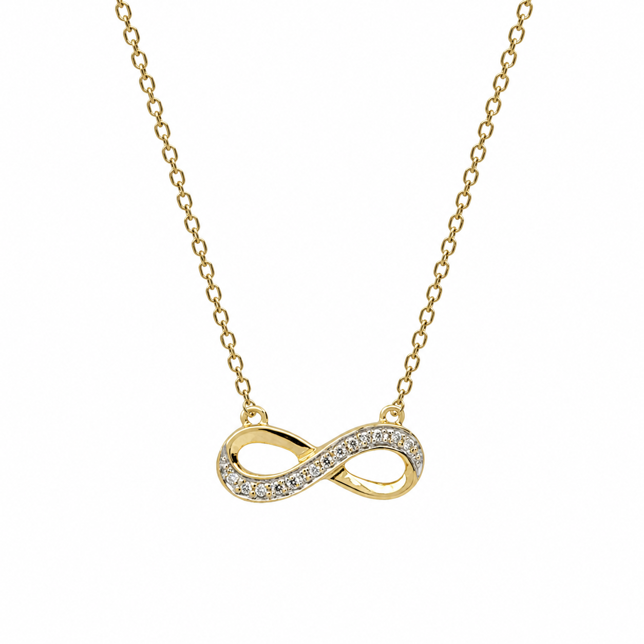 9CT Yellow Gold Infinity Pendant Necklace with Diamond Accent Setting & Adjustable Open Curb Chain - 9KSC010 Seiko 9CT Yellow Gold Infinity Pendant Necklace with Diamond Accent Setting & Adjustable Open Curb Chain - 9KSC010 Seiko