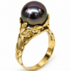 9ct Yellow Gold Tahitian Black Pearl Ring – 12.0–12.50mm Peacock Pearl | Nature Inspired Leaf Design - MJPYZ