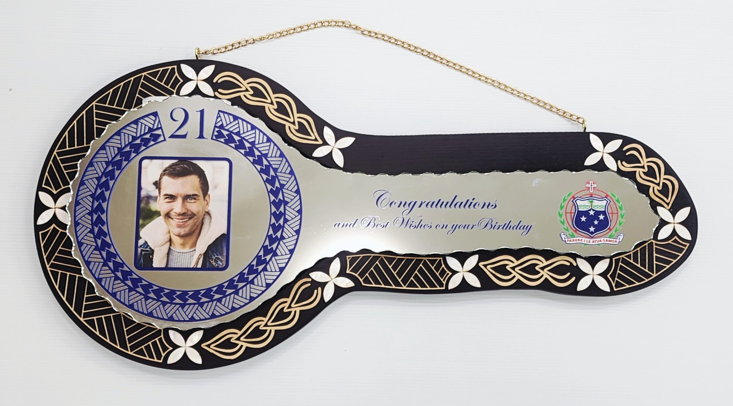 21st Birthday Samoan Wooden Key with Mirror Insert, Mother of Pearl Petals & Traditional Sila Design - SJ2415BLKMOP 21st Keys 21st Birthday Samoan Wooden Key with Mirror Insert, Mother of Pearl Petals & Traditional Sila Design - SJ2415BLKMOP 21st Keys