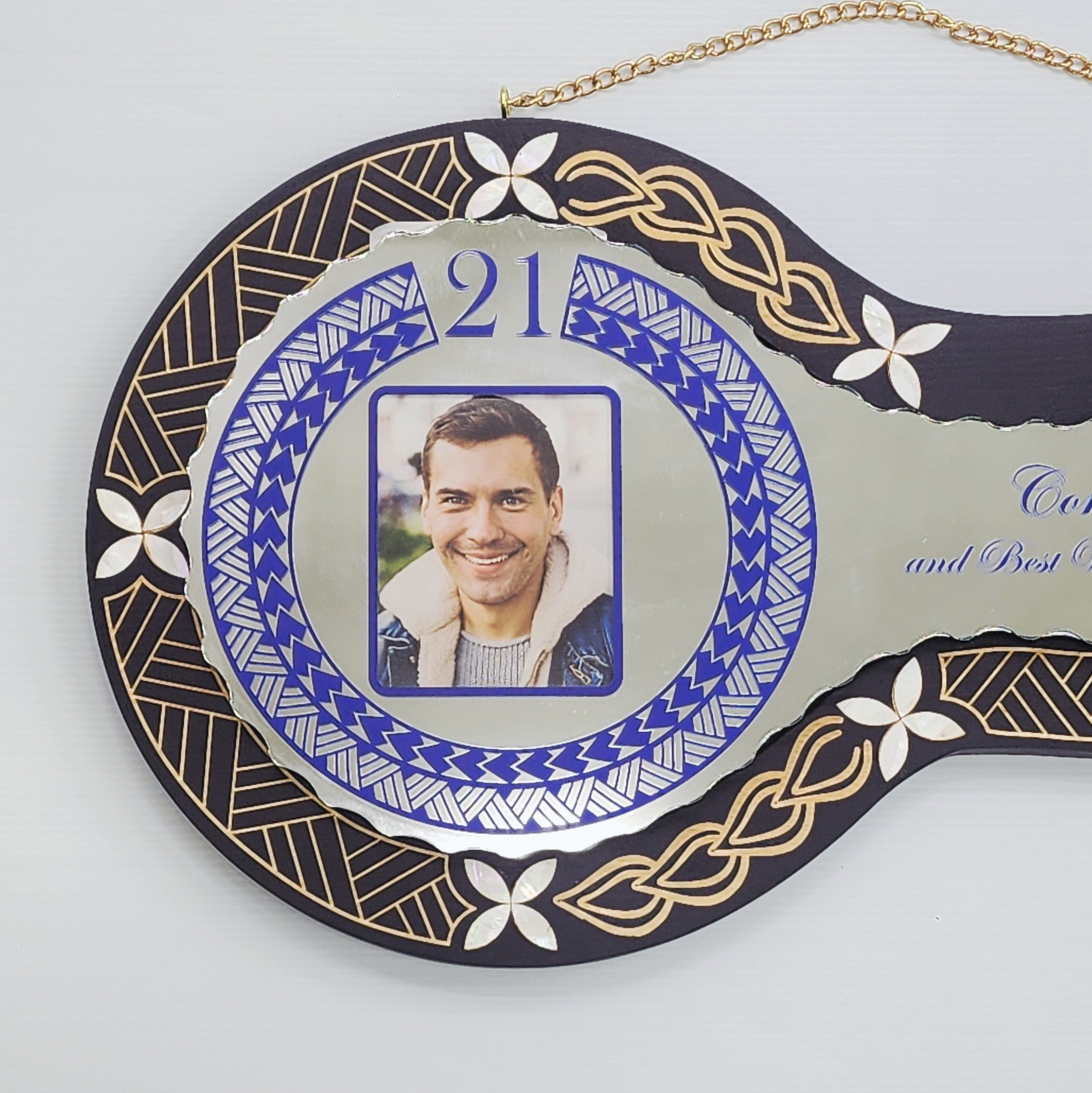 21st Birthday Samoan Wooden Key with Mirror Insert, Mother of Pearl Petals & Traditional Sila Design - SJ2415BLKMOP 21st Keys 21st Birthday Samoan Wooden Key with Mirror Insert, Mother of Pearl Petals & Traditional Sila Design - SJ2415BLKMOP 21st Keys