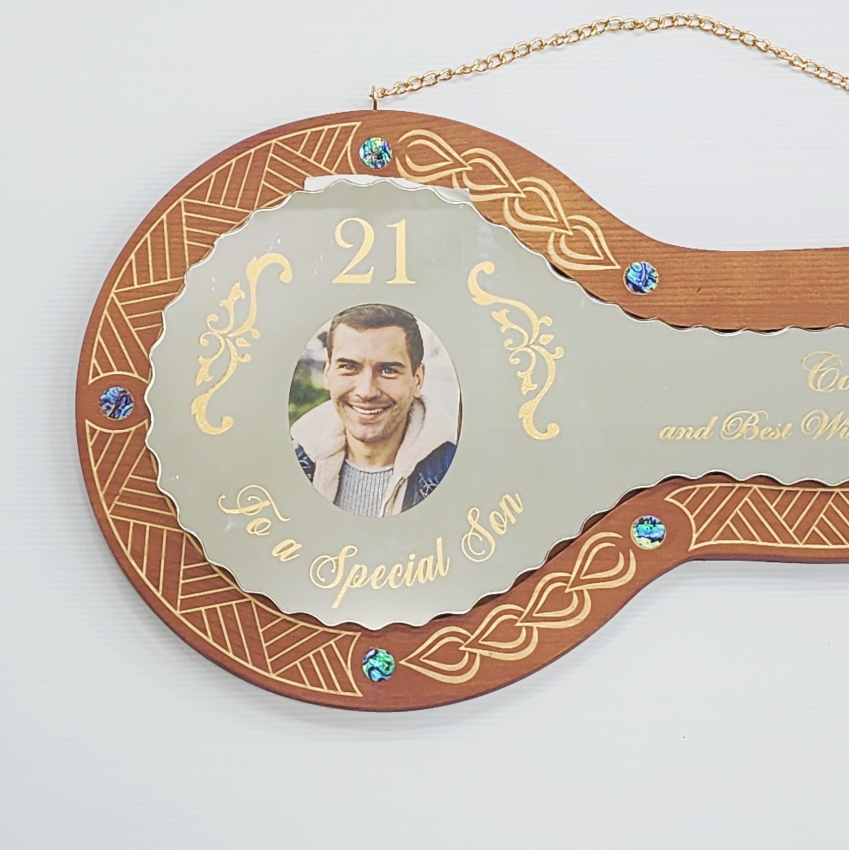 21st Birthday Wooden Key – “To A Special Son” Mirror Glass Design with Paua Shell Inlays - SJ2403BRNPAUA 21st Keys 21st Birthday Wooden Key – “To A Special Son” Mirror Glass Design with Paua Shell Inlays - SJ2403BRNPAUA 21st Keys
