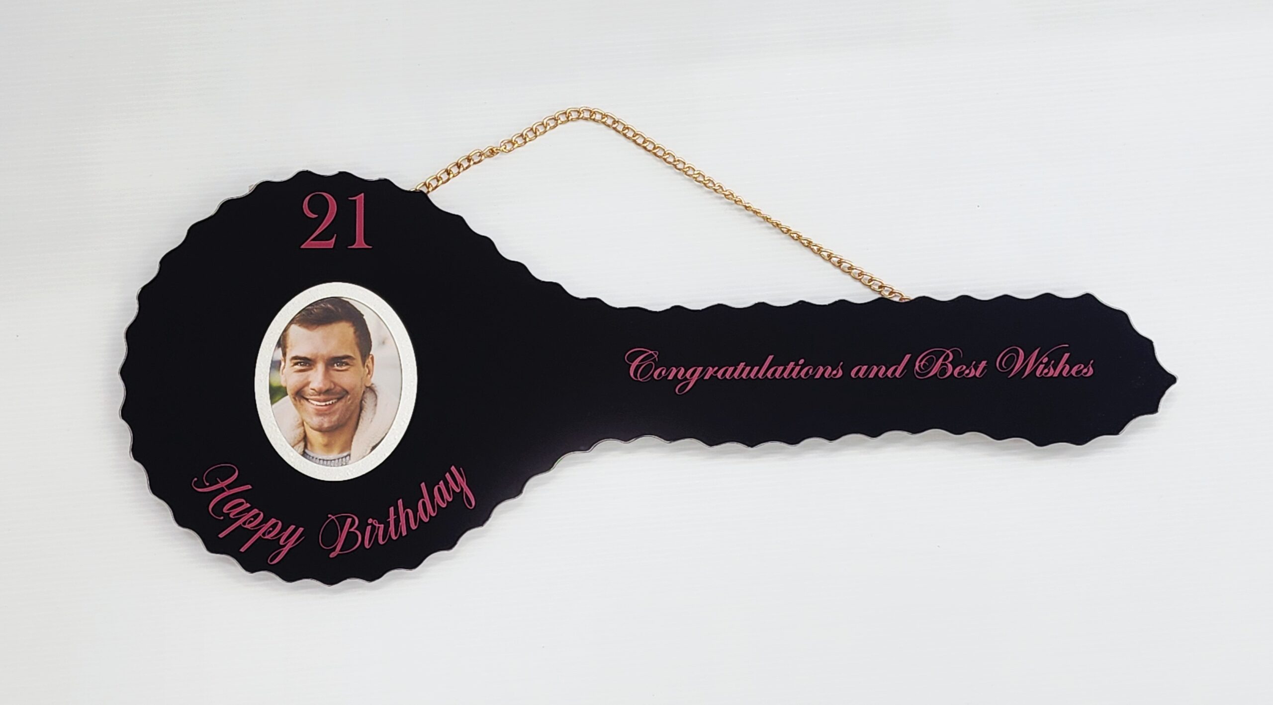 Black Glass 21st Birthday Key with Purple Writing & Photo – SJ2602 21ST MIRROR KEYS 