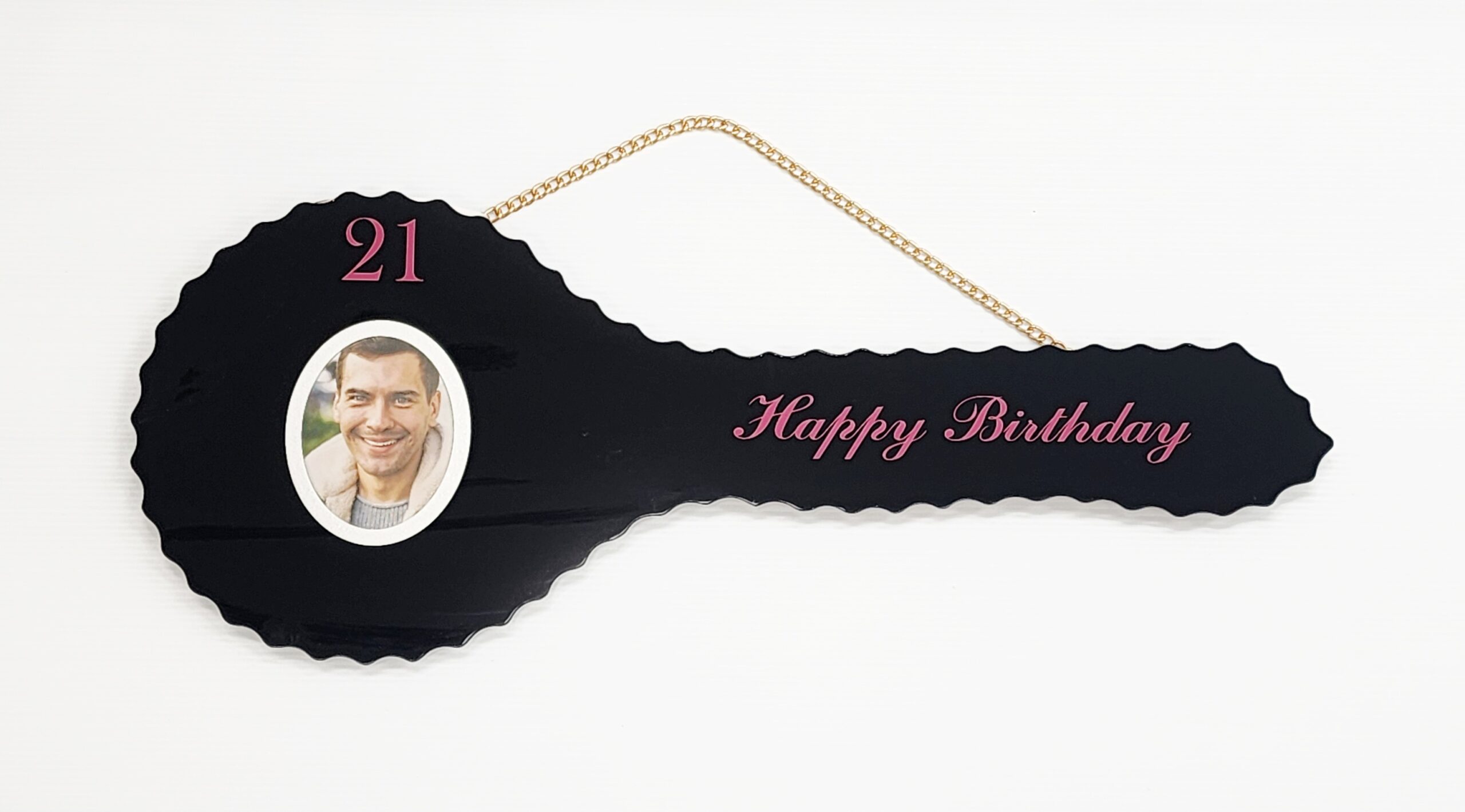 Black Glass 21st Birthday Key with Purple Writing & Personalised Photo – SJ2603 21ST MIRROR KEYS 