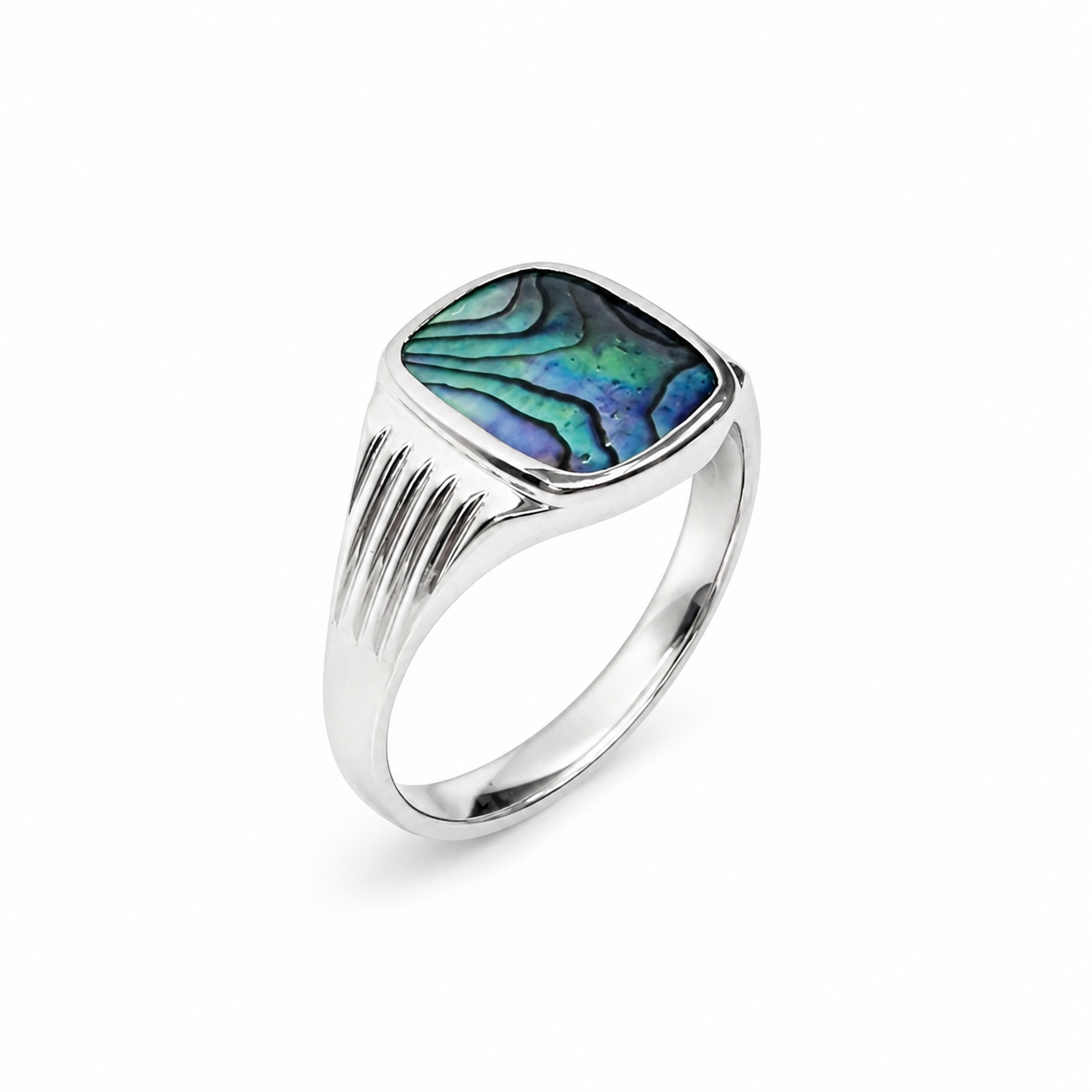 Sterling Silver Paua Shell Signet Ring – 12mm x 10mm Cushion Cut Paua | Covered Back - CYR2148PAUA Seiko Sterling Silver Paua Shell Signet Ring – 12mm x 10mm Cushion Cut Paua | Covered Back - CYR2148PAUA Seiko