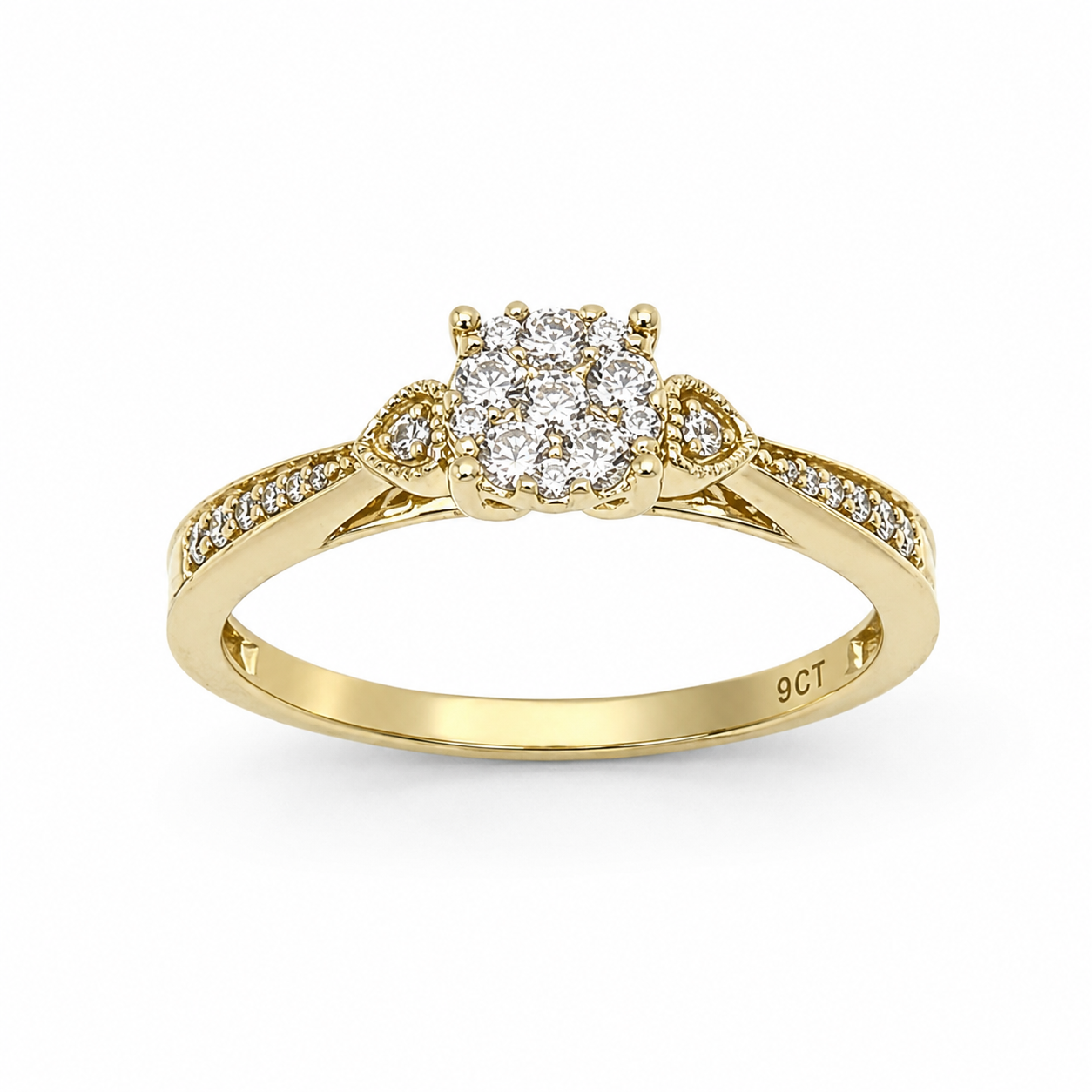 9ct Yellow Gold CZ Cluster Ring with Diamond-Cut Inspired Halo Design - 9CTAUCRG1110 Seiko 9ct Yellow Gold CZ Cluster Ring with Diamond-Cut Inspired Halo Design - 9CTAUCRG1110 Seiko