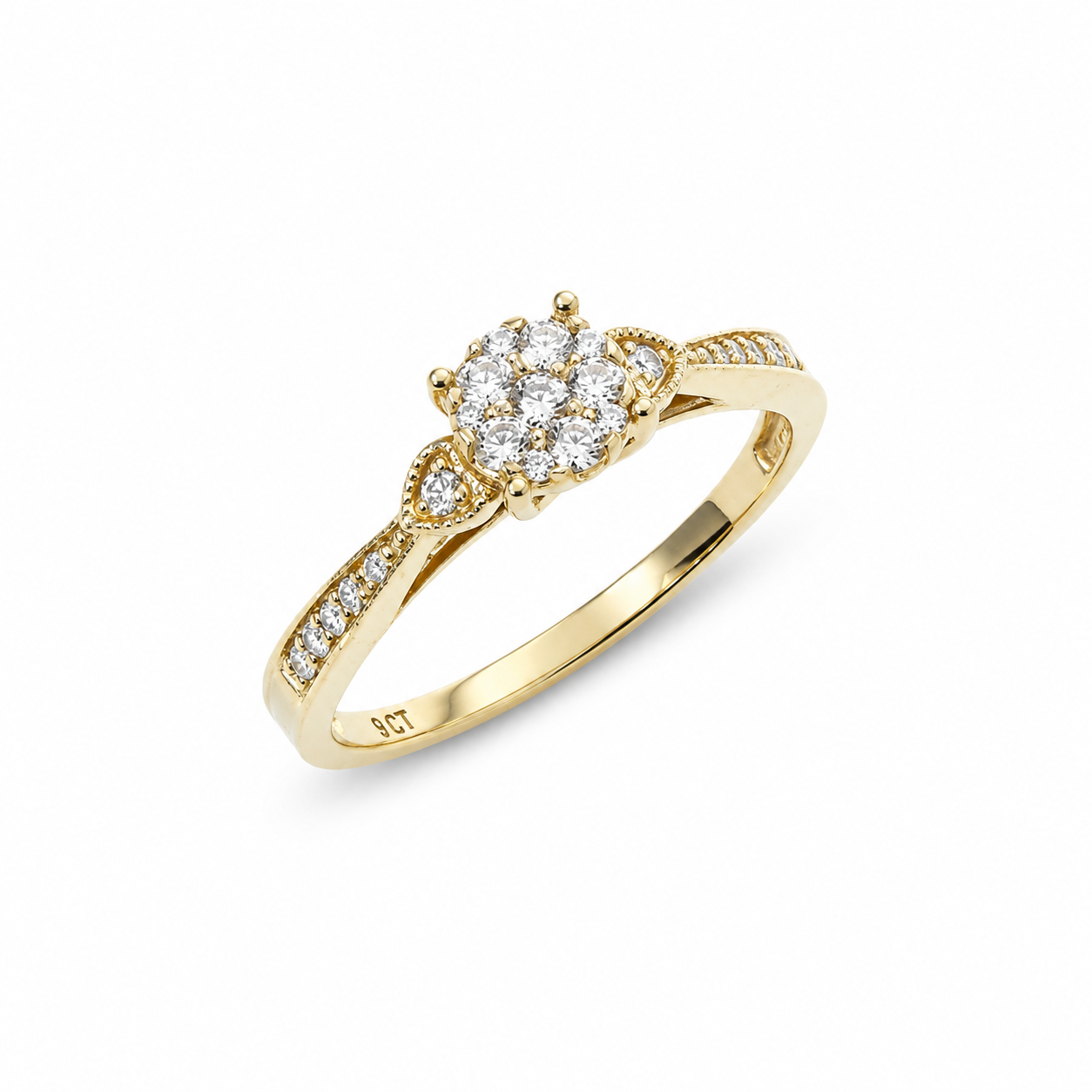 9ct Yellow Gold CZ Cluster Ring with Diamond-Cut Inspired Halo Design - 9CTAUCRG1110 Seiko 9ct Yellow Gold CZ Cluster Ring with Diamond-Cut Inspired Halo Design - 9CTAUCRG1110 Seiko