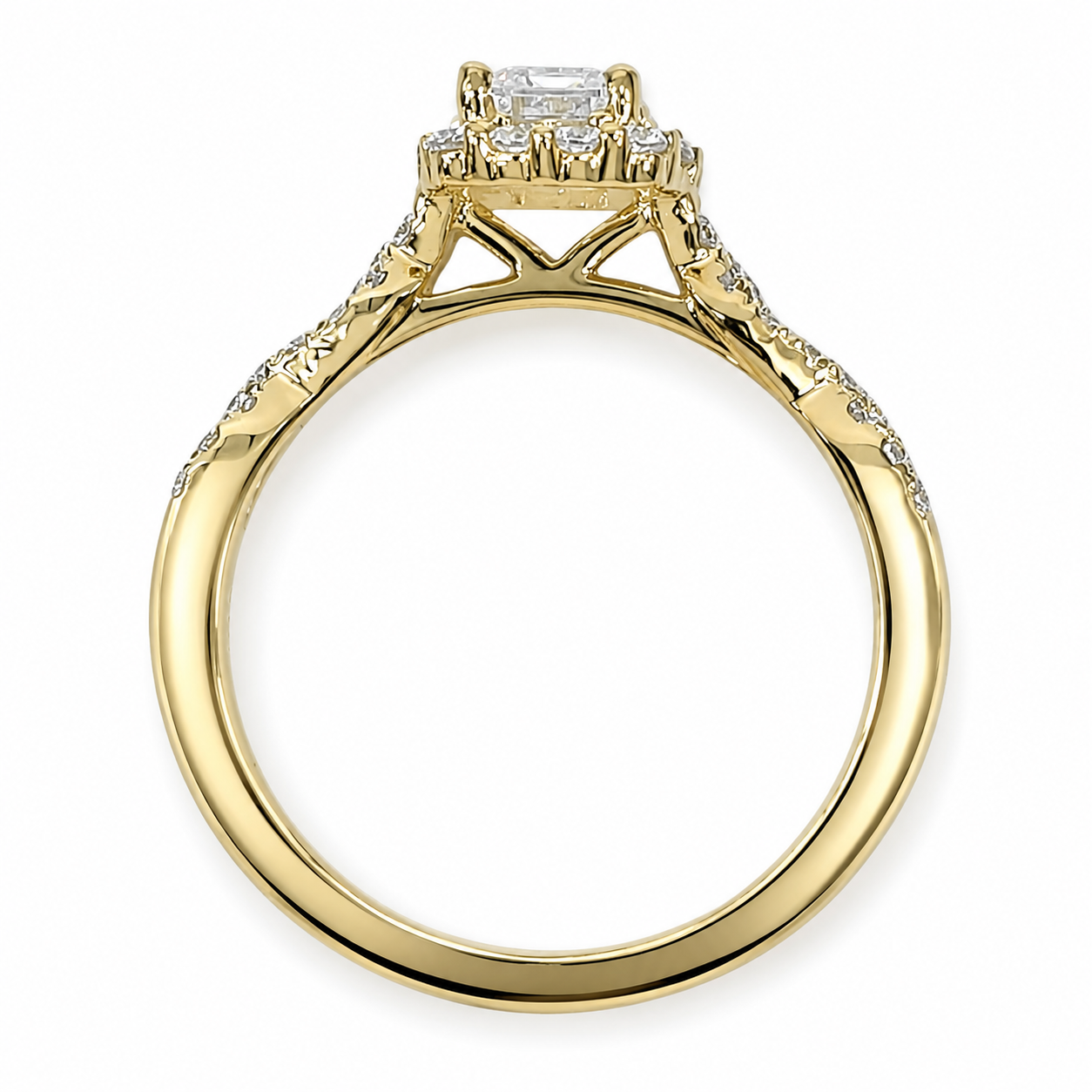 9ct Yellow Gold Emerald Cut CZ Halo Ring with Twisted Diamond-Cut Style Shoulders - AUCRG792 Seiko 9ct Yellow Gold Emerald Cut CZ Halo Ring with Twisted Diamond-Cut Style Shoulders - AUCRG792 Seiko