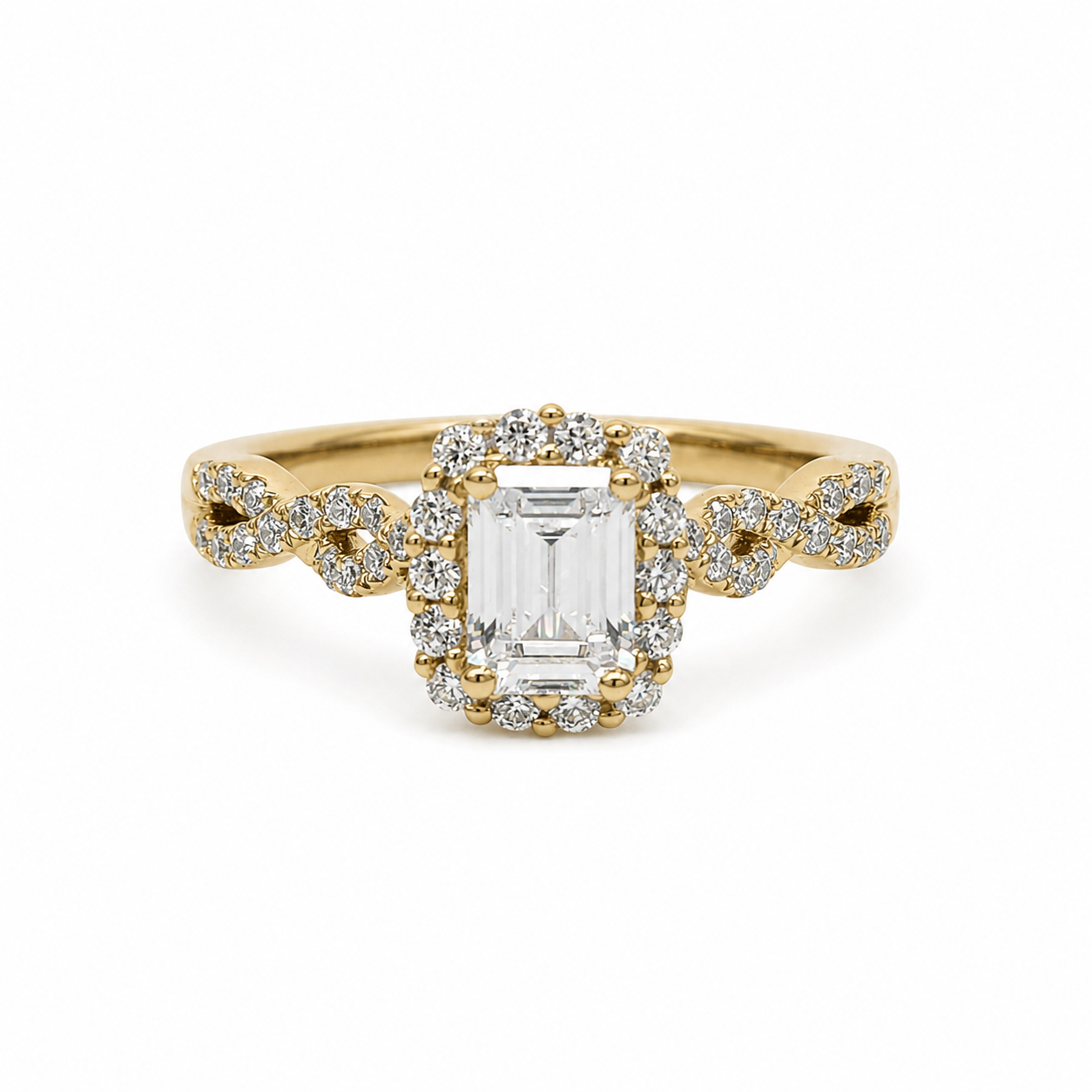 9ct Yellow Gold Emerald Cut CZ Halo Ring with Twisted Diamond-Cut Style Shoulders - AUCRG792 Seiko 9ct Yellow Gold Emerald Cut CZ Halo Ring with Twisted Diamond-Cut Style Shoulders - AUCRG792 Seiko