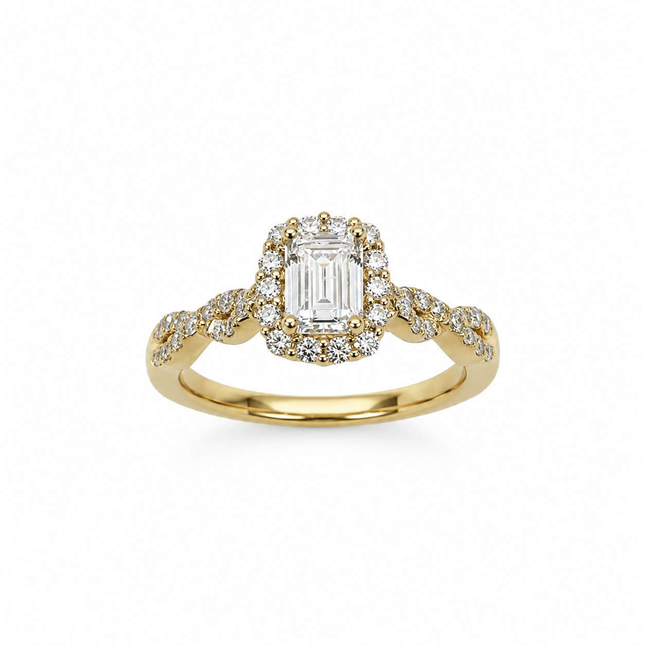 9ct Yellow Gold Emerald Cut CZ Halo Ring with Twisted Diamond-Cut Style Shoulders - AUCRG792 Seiko 9ct Yellow Gold Emerald Cut CZ Halo Ring with Twisted Diamond-Cut Style Shoulders - AUCRG792 Seiko