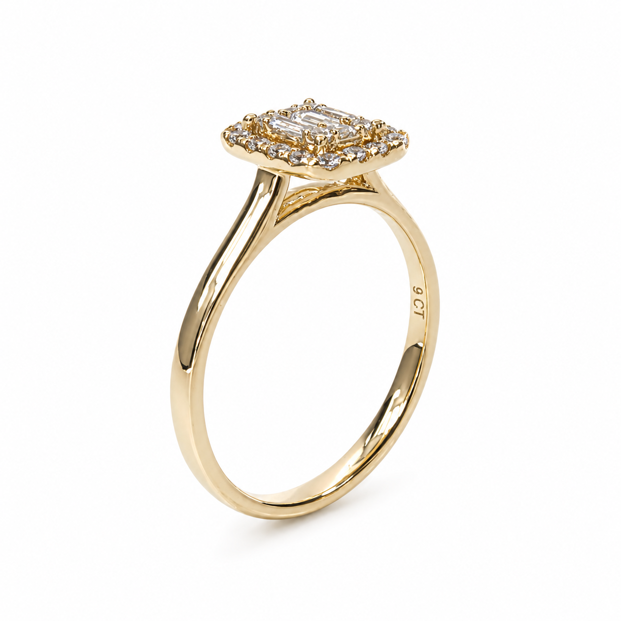 9ct Yellow Gold Emerald & Round Cut CZ Cluster Halo Ring - AUCRG723 Seiko 9ct Yellow Gold Emerald & Round Cut CZ Cluster Halo Ring - AUCRG723 Seiko
