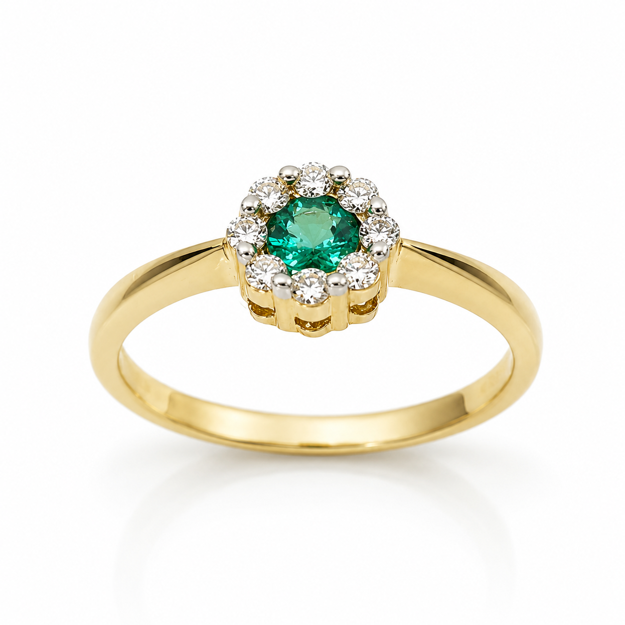 9ct Yellow Gold Natural Emerald & Diamond Cluster Ring – 0.16ct Emerald with 0.12ct Natural Diamond Halo - CYR455EM STERLING SILVER EARRINGS 