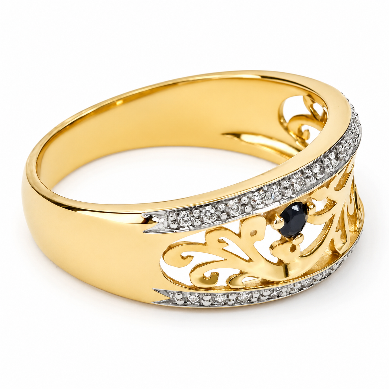 9ct Yellow Gold Natural Diamond & Black Sapphire Openwork Dress Ring - D5343BS 21st Keys 9ct Yellow Gold Natural Diamond & Black Sapphire Openwork Dress Ring - D5343BS 21st Keys