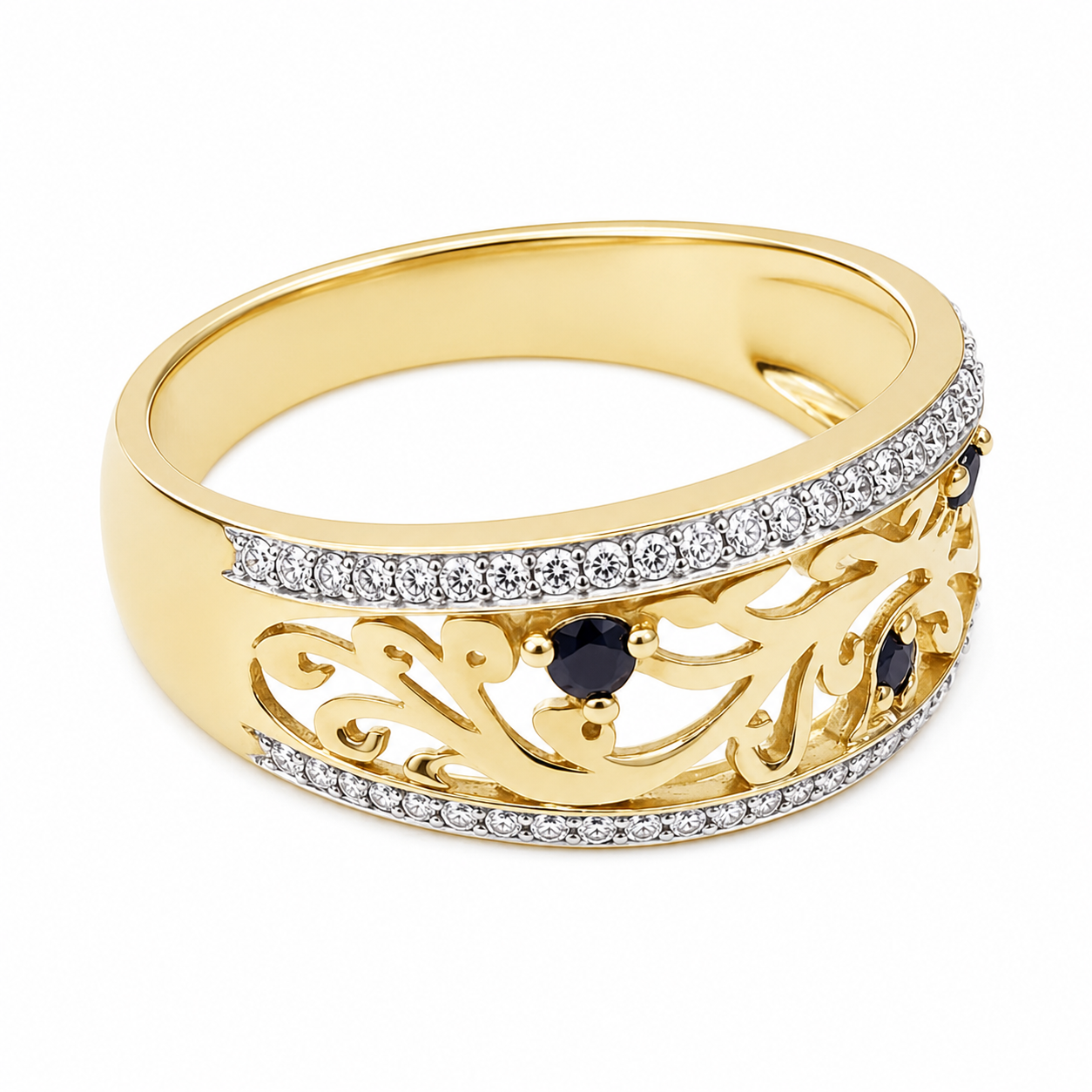 9ct Yellow Gold Natural Diamond & Black Sapphire Openwork Dress Ring - D5343BS 21st Keys 9ct Yellow Gold Natural Diamond & Black Sapphire Openwork Dress Ring - D5343BS 21st Keys