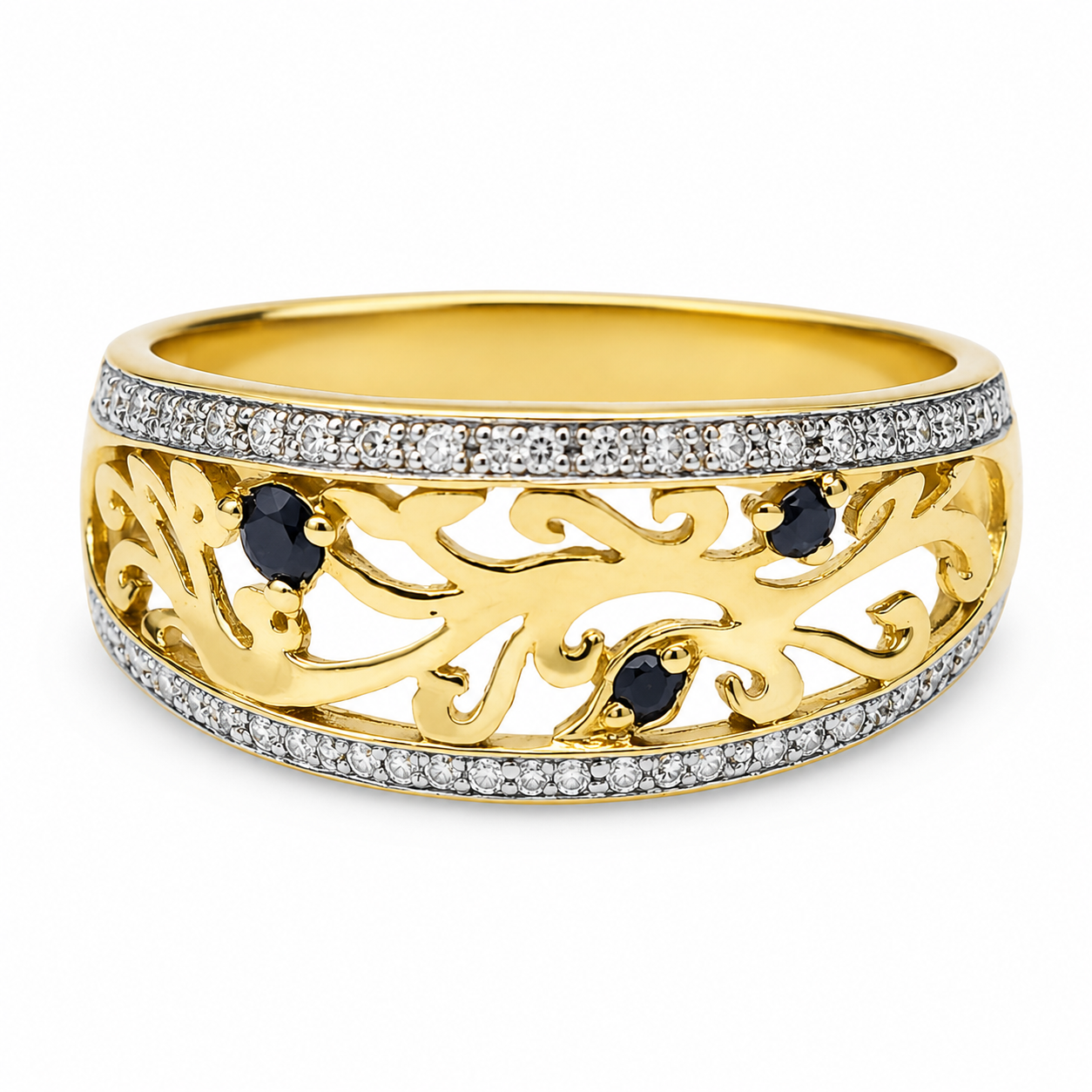 9ct Yellow Gold Natural Diamond & Black Sapphire Openwork Dress Ring - D5343BS 21st Keys 9ct Yellow Gold Natural Diamond & Black Sapphire Openwork Dress Ring - D5343BS 21st Keys