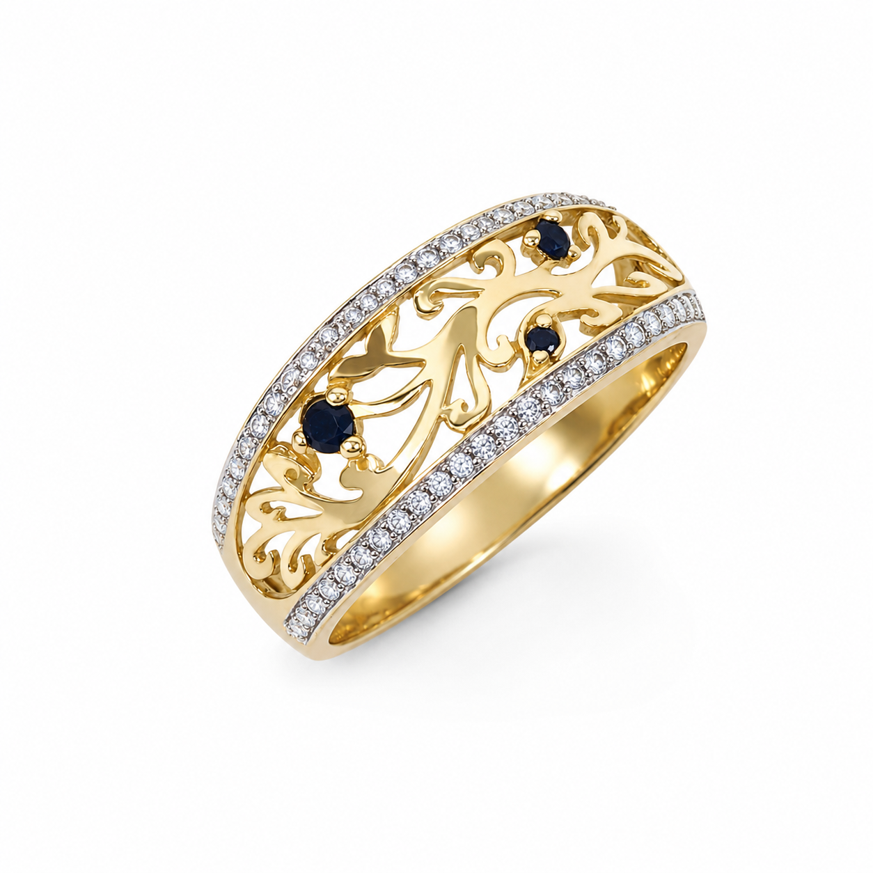 9ct Yellow Gold Natural Diamond & Black Sapphire Openwork Dress Ring - D5343BS 21st Keys 9ct Yellow Gold Natural Diamond & Black Sapphire Openwork Dress Ring - D5343BS 21st Keys