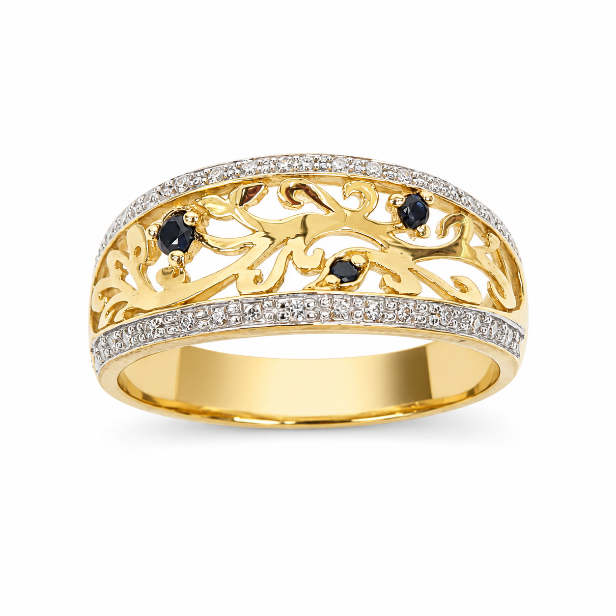 9ct Yellow Gold Natural Diamond & Black Sapphire Openwork Dress Ring - D5343BS 21st Keys 9ct Yellow Gold Natural Diamond & Black Sapphire Openwork Dress Ring - D5343BS 21st Keys