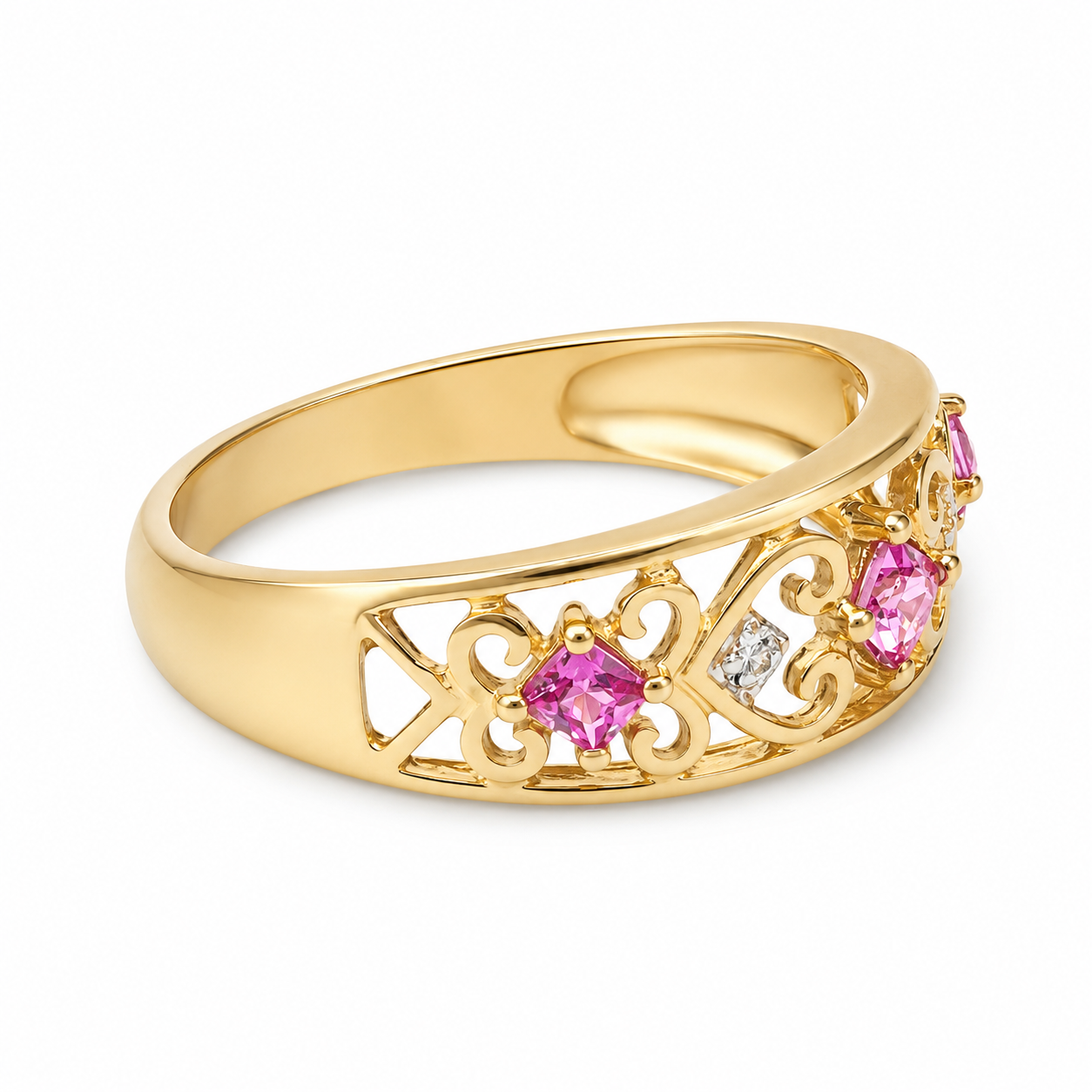 9ct Yellow Gold Created Pink Sapphire & Natural Diamond Openwork Dress Ring - D7557PS 21st Keys 9ct Yellow Gold Created Pink Sapphire & Natural Diamond Openwork Dress Ring - D7557PS 21st Keys