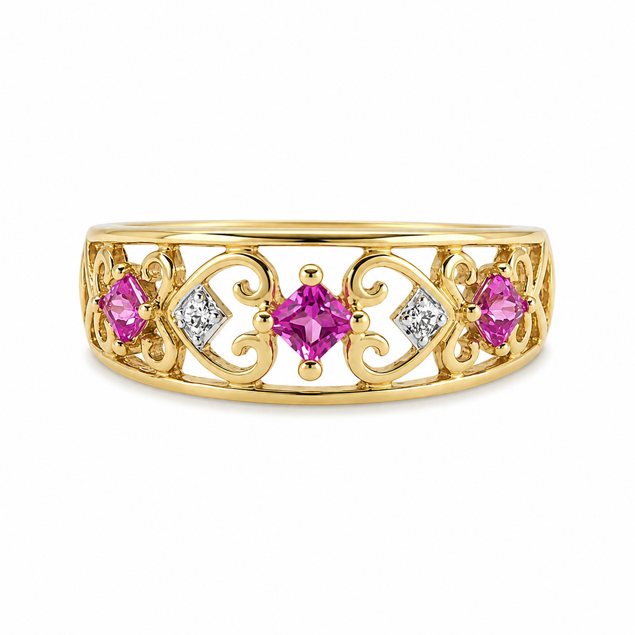 9ct Yellow Gold Created Pink Sapphire & Natural Diamond Openwork Dress Ring - D7557PS 21st Keys 9ct Yellow Gold Created Pink Sapphire & Natural Diamond Openwork Dress Ring - D7557PS 21st Keys