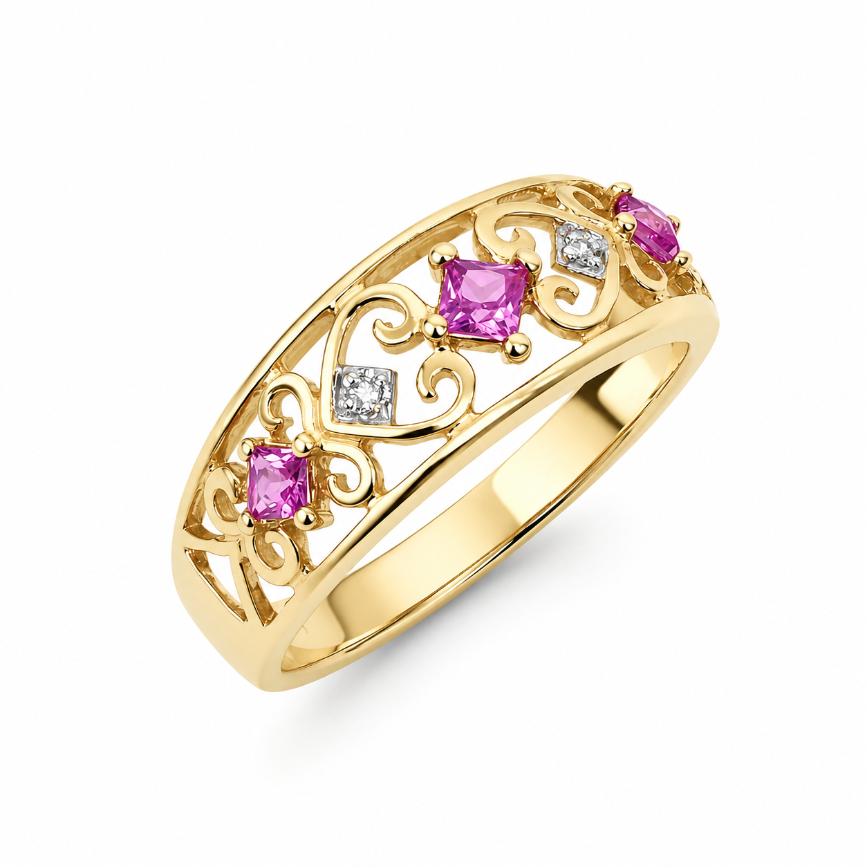 9ct Yellow Gold Created Pink Sapphire & Natural Diamond Openwork Dress Ring - D7557PS 21st Keys 9ct Yellow Gold Created Pink Sapphire & Natural Diamond Openwork Dress Ring - D7557PS 21st Keys