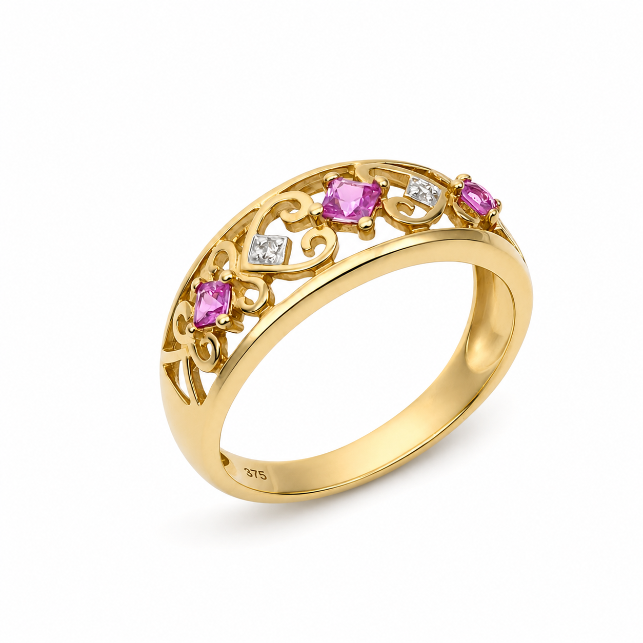 9ct Yellow Gold Created Pink Sapphire & Natural Diamond Openwork Dress Ring - D7557PS 21st Keys 9ct Yellow Gold Created Pink Sapphire & Natural Diamond Openwork Dress Ring - D7557PS 21st Keys