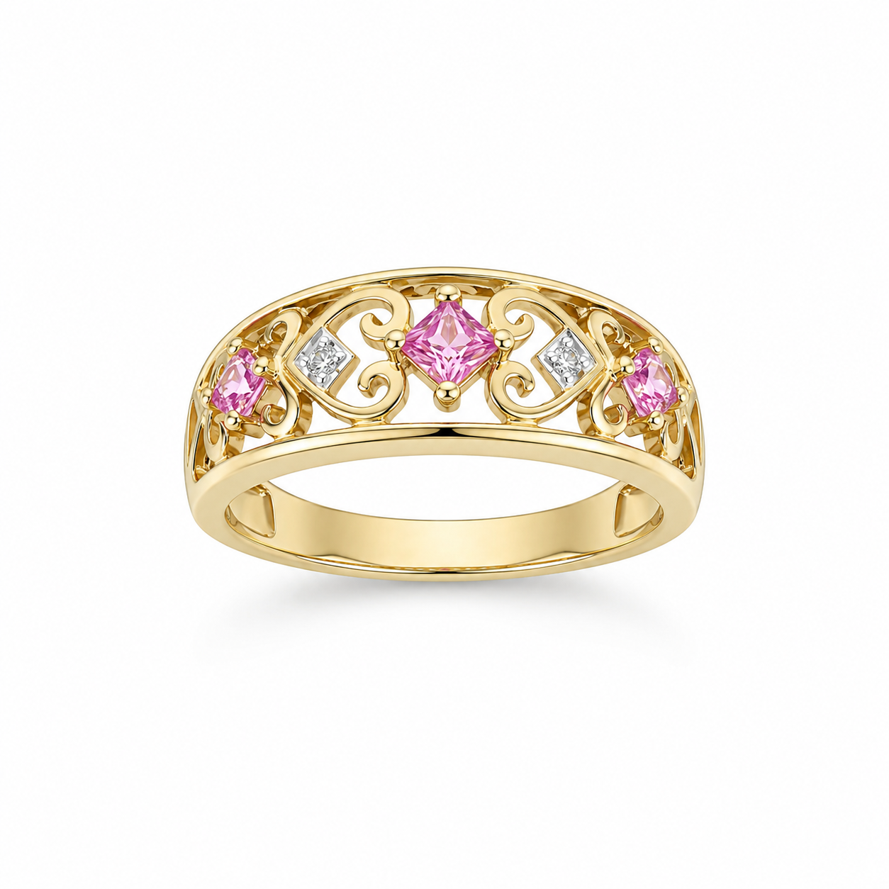 9ct Yellow Gold Created Pink Sapphire & Natural Diamond Openwork Dress Ring - D7557PS 21st Keys 9ct Yellow Gold Created Pink Sapphire & Natural Diamond Openwork Dress Ring - D7557PS 21st Keys