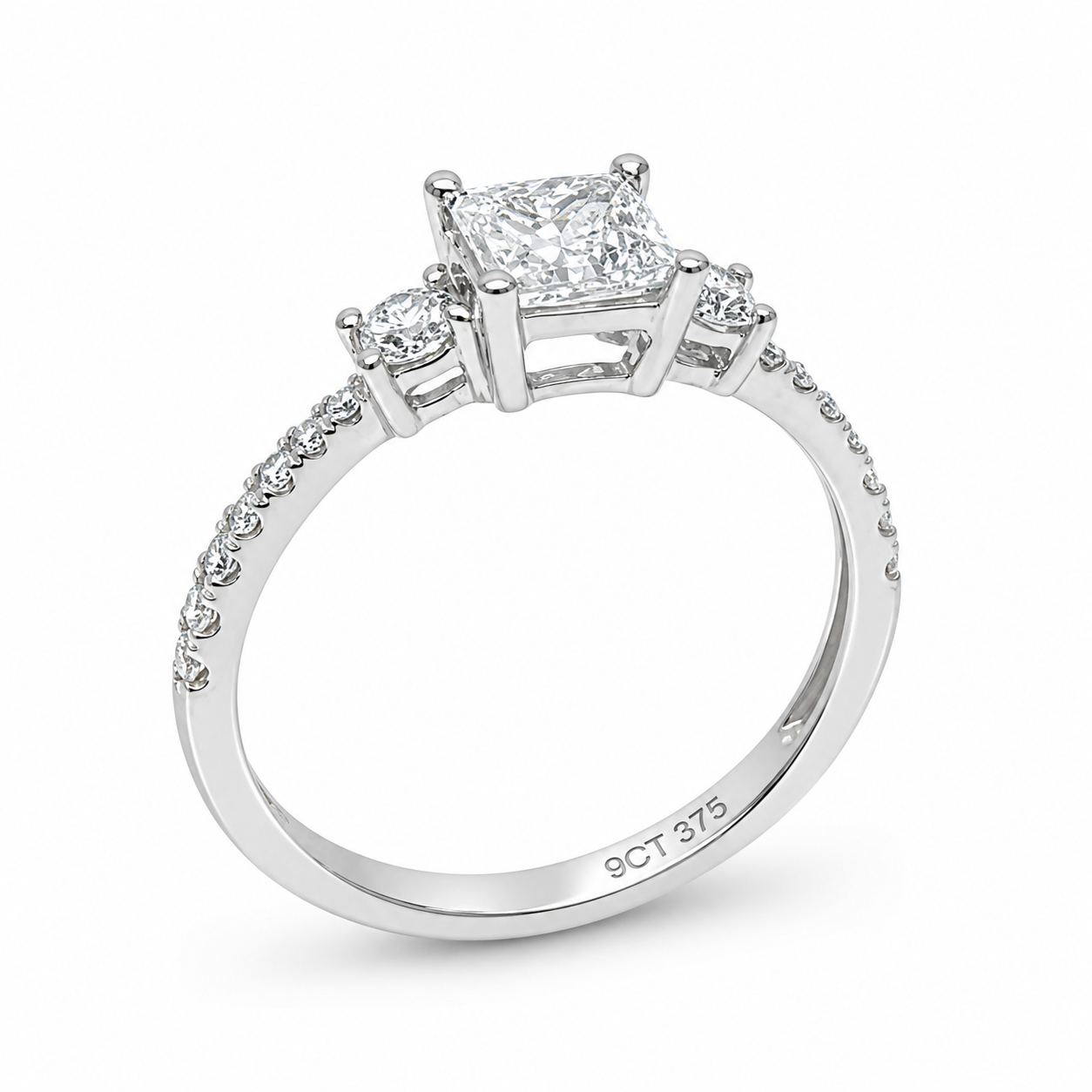 9ct White Gold 1.04ct Lab Grown Diamond Princess Cut Three Stone Engagement Ring - 9WGAURG1929 9ct White Gold 1.04ct Lab Grown Diamond Princess Cut Three Stone Engagement Ring - 9WGAURG1929