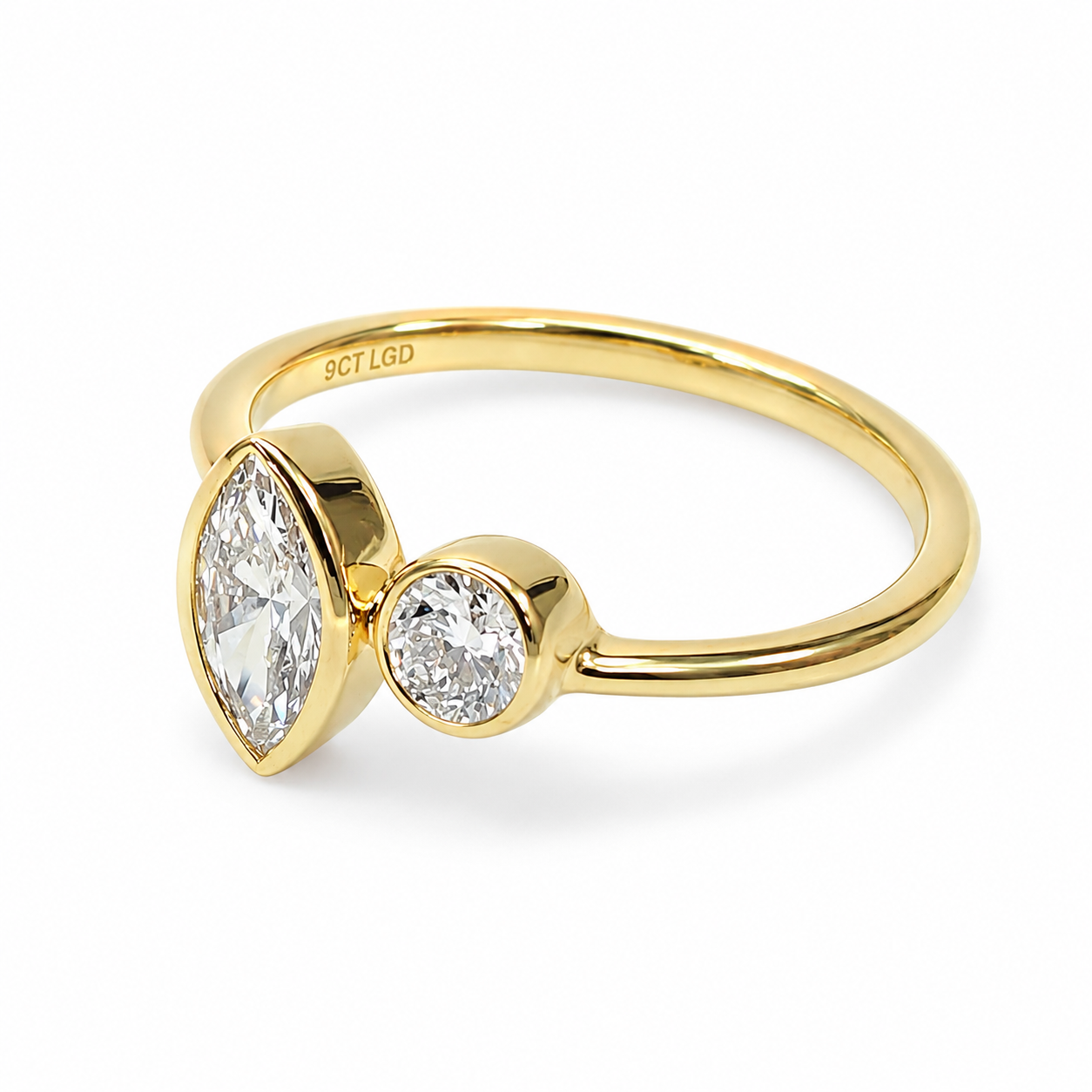 9ct Yellow Gold 0.77ct Lab Grown Diamond Marquise & Round Two Stone Ring - AURG2886 9ct Yellow Gold 0.77ct Lab Grown Diamond Marquise & Round Two Stone Ring - AURG2886