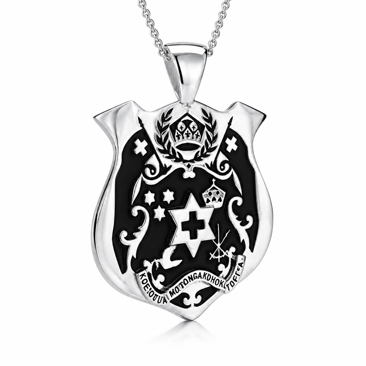 Sterling Silver Tongan Sila Pendant with Black Enamel Engraved Emblem – High Polish Finish Sterling Silver Pendants 