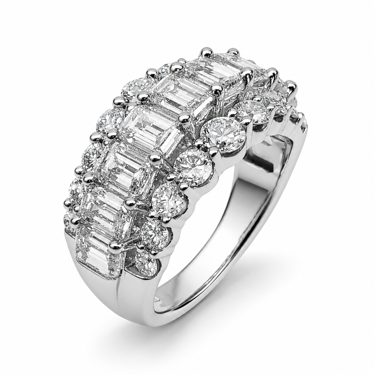 9ct White Gold 5.05ct Lab Grown Diamond Three-Row Emerald & Round Cut Statement Ring STERLING SILVER EARRINGS 9ct White Gold 5.05ct Lab Grown Diamond Three-Row Emerald & Round Cut Statement Ring STERLING SILVER EARRINGS