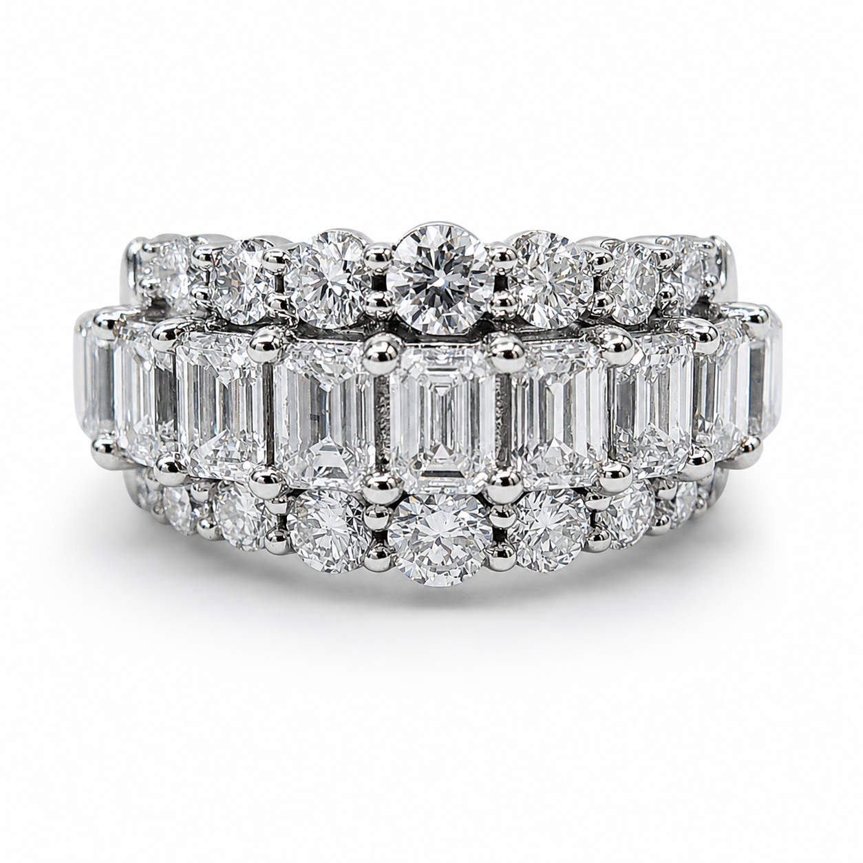 9ct White Gold 5.05ct Lab Grown Diamond Three-Row Emerald & Round Cut Statement Ring STERLING SILVER EARRINGS 9ct White Gold 5.05ct Lab Grown Diamond Three-Row Emerald & Round Cut Statement Ring STERLING SILVER EARRINGS