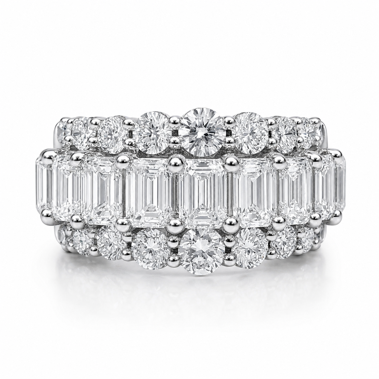 9ct White Gold 5.05ct Lab Grown Diamond Three-Row Emerald & Round Cut Statement Ring STERLING SILVER EARRINGS 9ct White Gold 5.05ct Lab Grown Diamond Three-Row Emerald & Round Cut Statement Ring STERLING SILVER EARRINGS