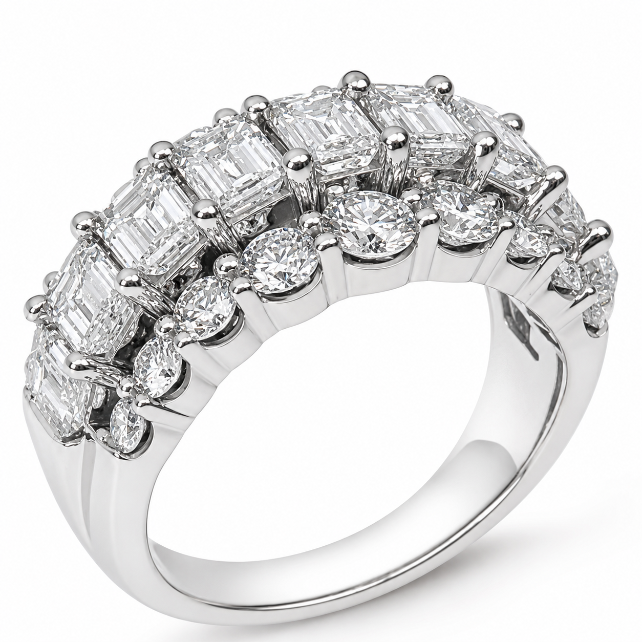9ct White Gold 5.05ct Lab Grown Diamond Three-Row Emerald & Round Cut Statement Ring STERLING SILVER EARRINGS 9ct White Gold 5.05ct Lab Grown Diamond Three-Row Emerald & Round Cut Statement Ring STERLING SILVER EARRINGS