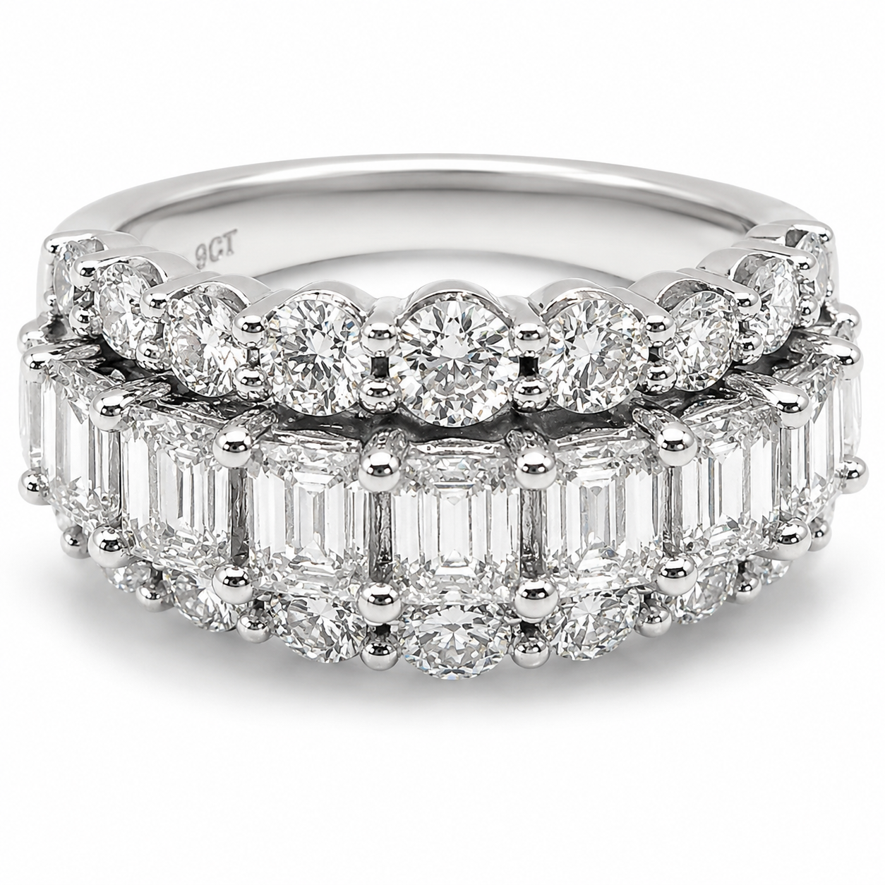 9ct White Gold 5.05ct Lab Grown Diamond Three-Row Emerald & Round Cut Statement Ring STERLING SILVER EARRINGS 9ct White Gold 5.05ct Lab Grown Diamond Three-Row Emerald & Round Cut Statement Ring STERLING SILVER EARRINGS