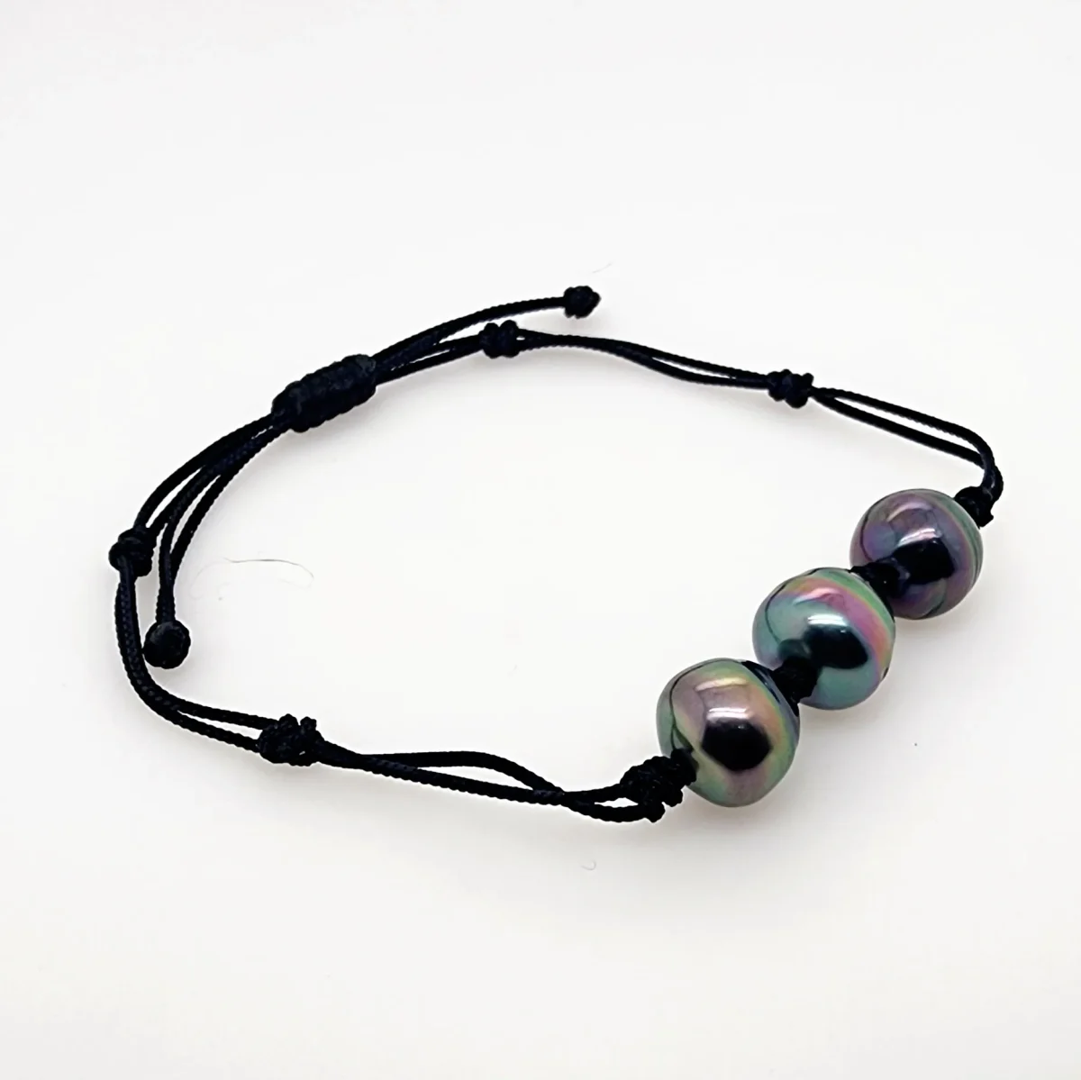 10.5mm Semi Baroque Triple Tahitian Black Pearl, Unisex Black Cord Adjustable Size Bracelet - 22072806BLK