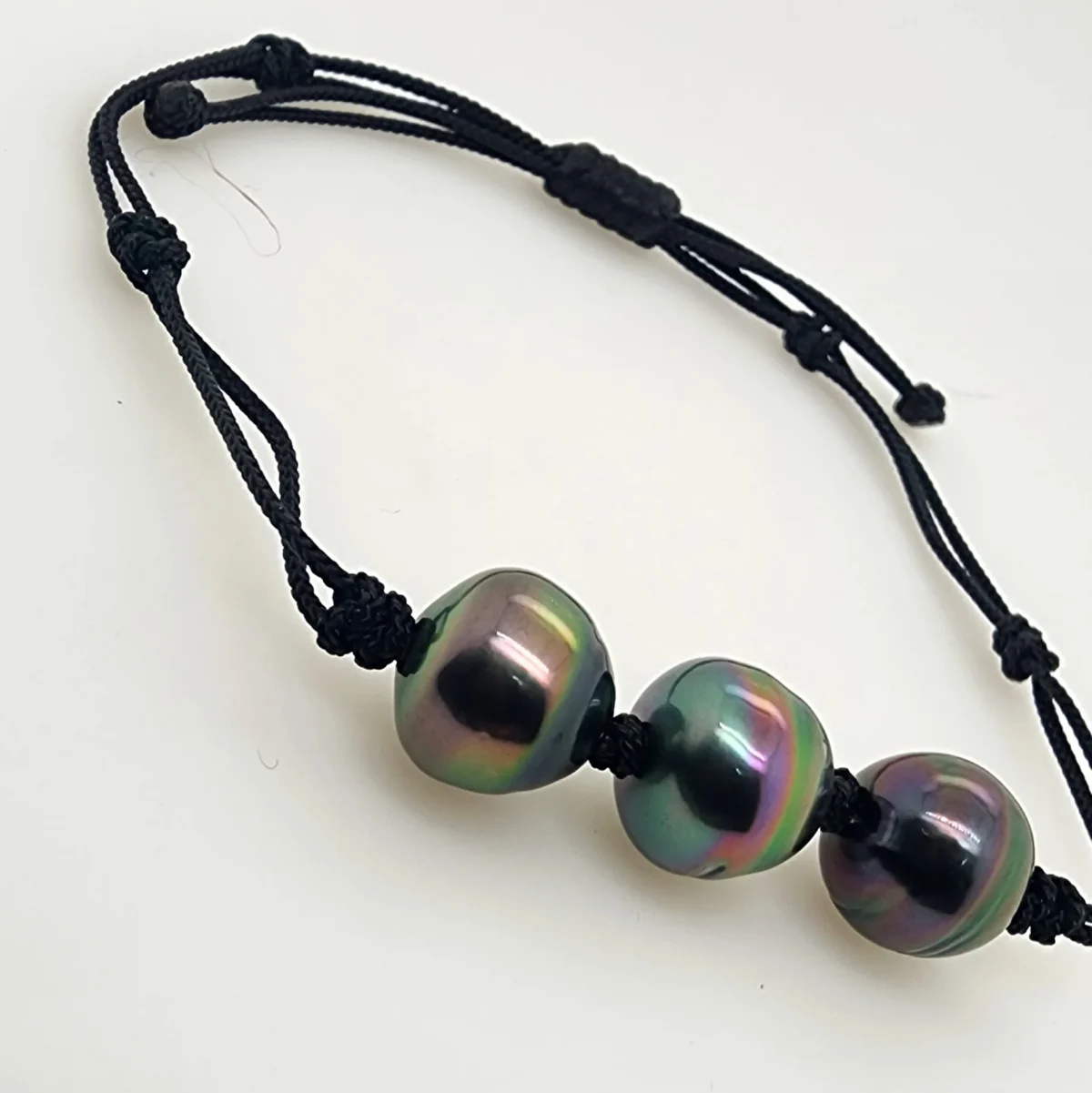 10.5mm Semi Baroque Triple Tahitian Black Pearl, Unisex Black Cord Adjustable Size Bracelet - 22072806BLK