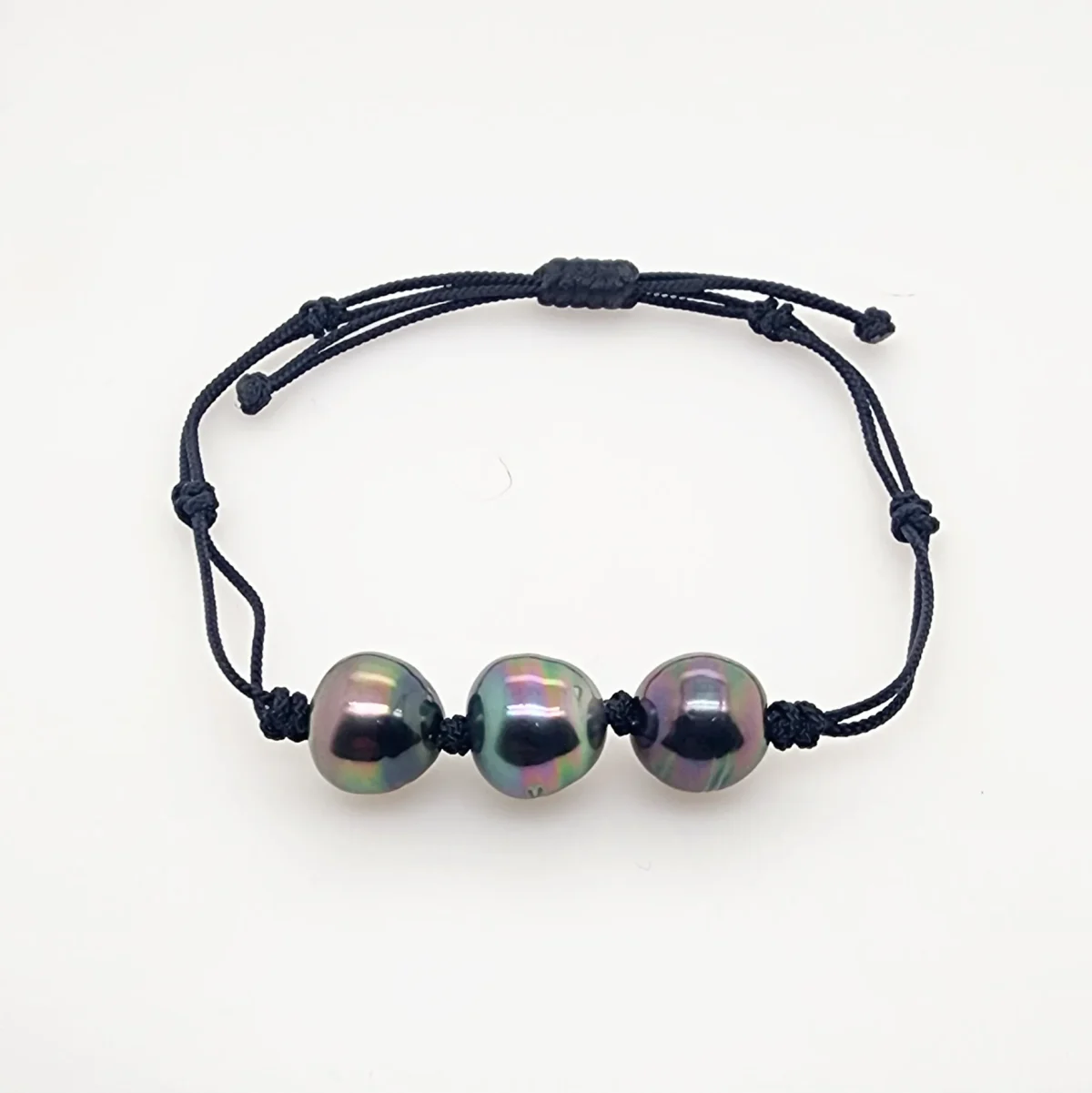 10.5mm Semi Baroque Triple Tahitian Black Pearl, Unisex Black Cord Adjustable Size Bracelet - 22072806BLK