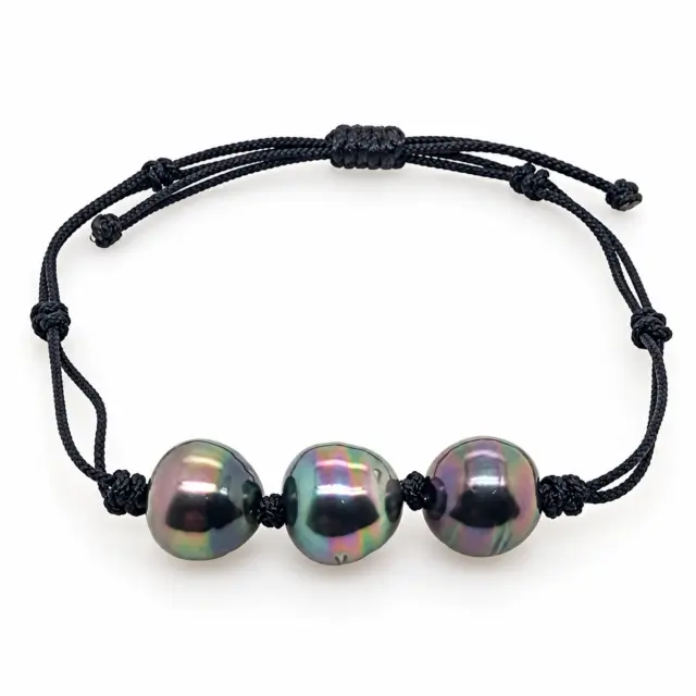 10.5mm Semi Baroque Triple Tahitian Black Pearl, Unisex Black Cord Adjustable Size Bracelet - 22072806BLK