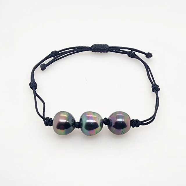 10.5mm Semi Baroque Triple Tahitian Black Pearl, Unisex Black Cord Adjustable Size Bracelet - 22072806BLK