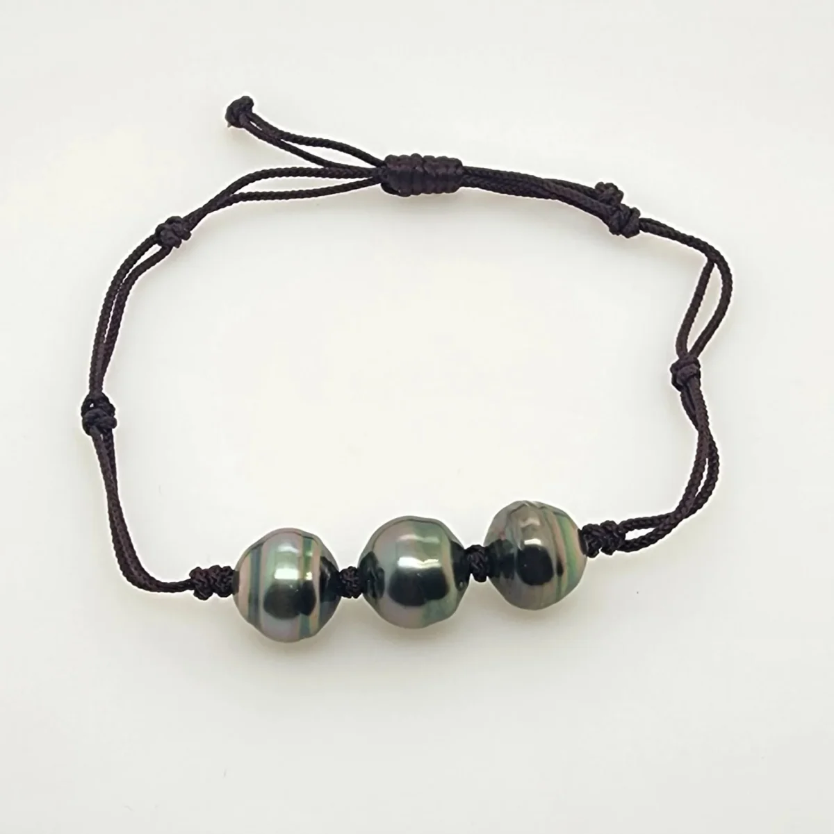 10.5mm Semi Baroque Triple Tahitian Black Pearl, Unisex Brown Cord Adjustable Size Bracelet - 22072806BRN