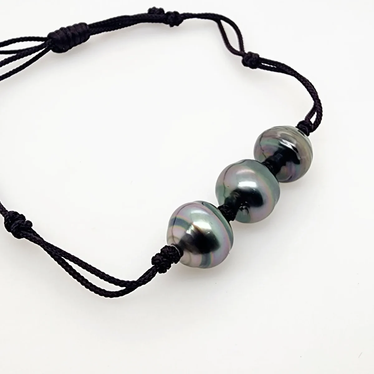10.5mm Semi Baroque Triple Tahitian Black Pearl, Unisex Brown Cord Adjustable Size Bracelet - 22072806BRN