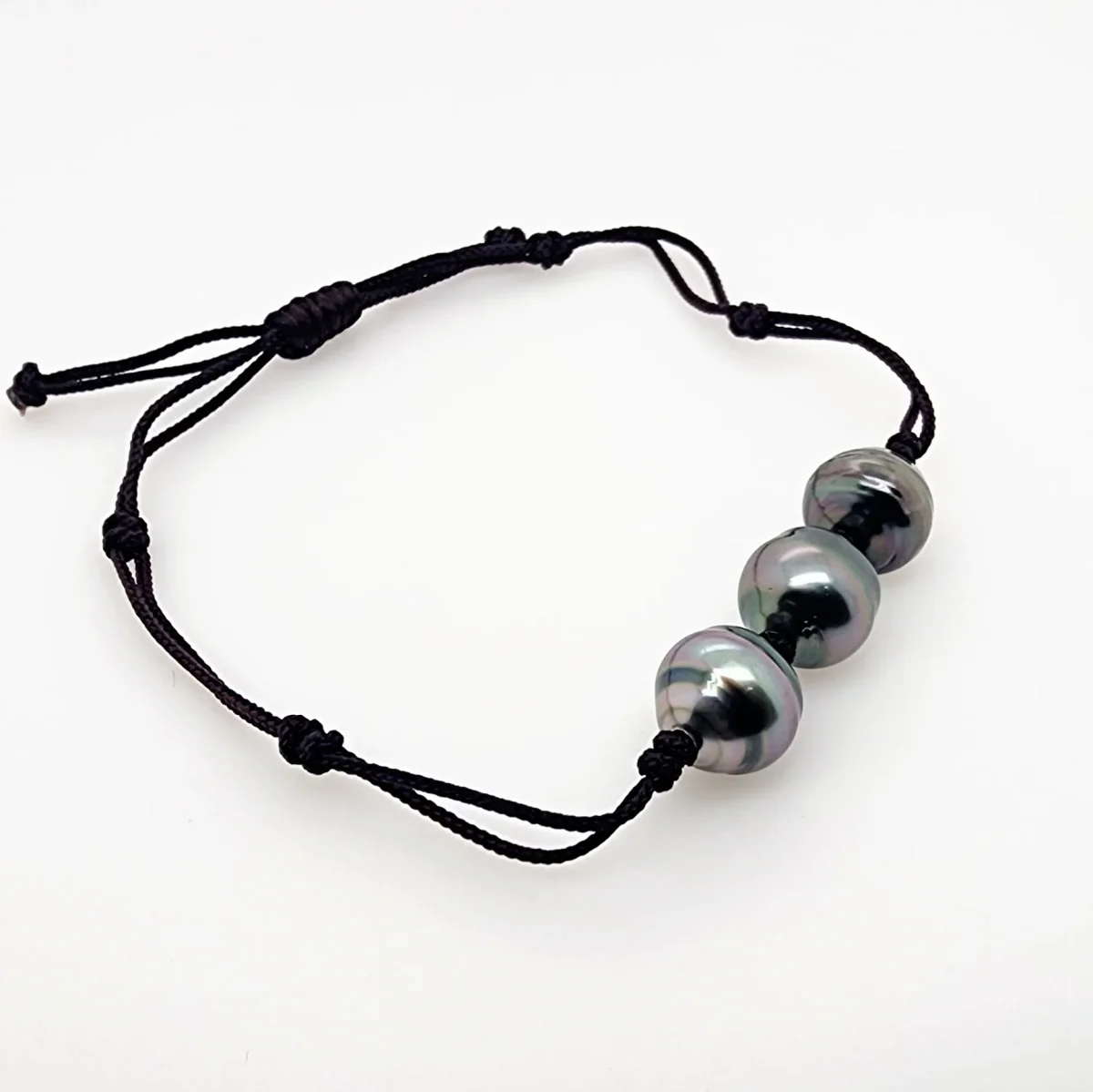 10.5mm Semi Baroque Triple Tahitian Black Pearl, Unisex Brown Cord Adjustable Size Bracelet - 22072806BRN